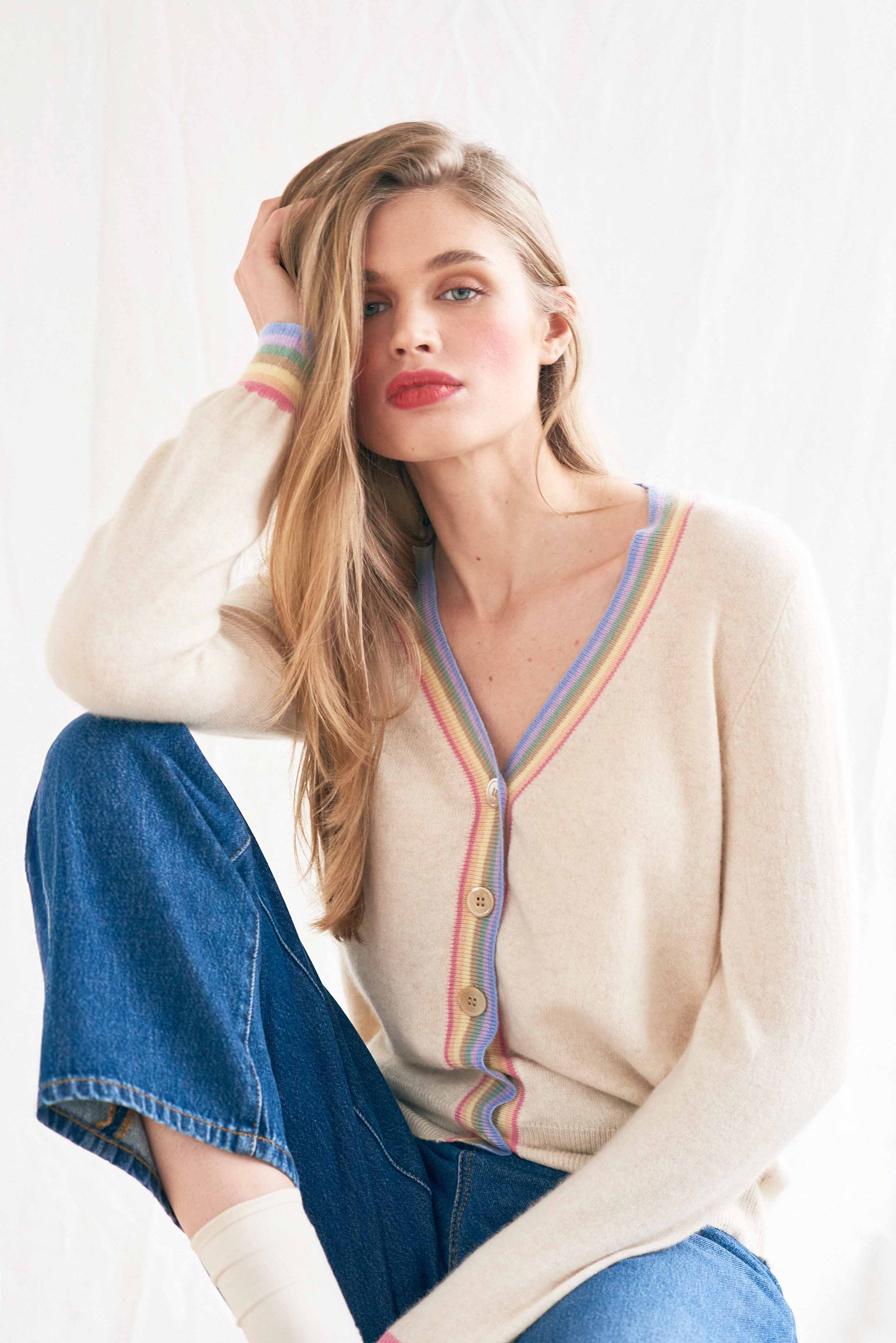 Cashmere Rainbow Cardigan, Oatmeal