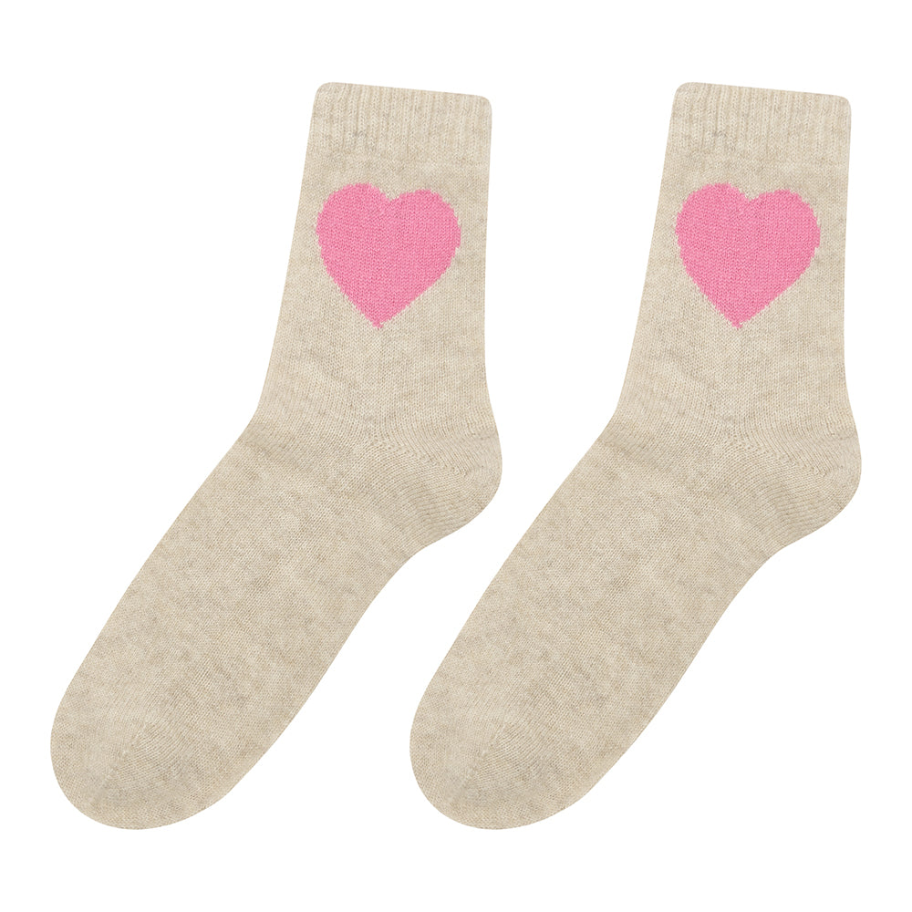 Cashmere Heart Socks, Cream & Pink