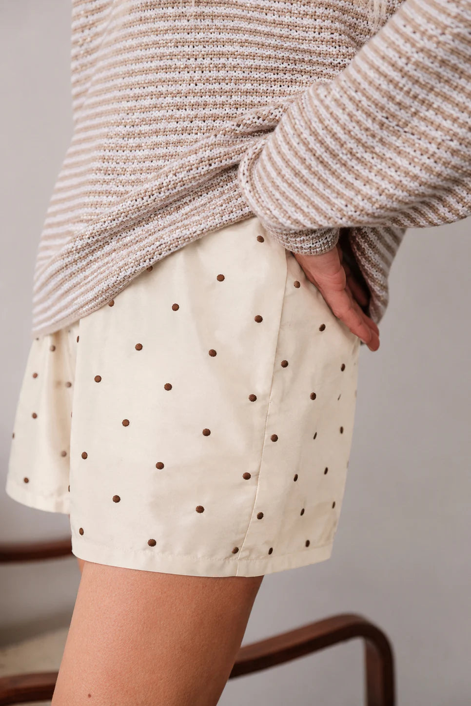 Silk Taffeta Tap Short, Creme Walnut Polka Dot