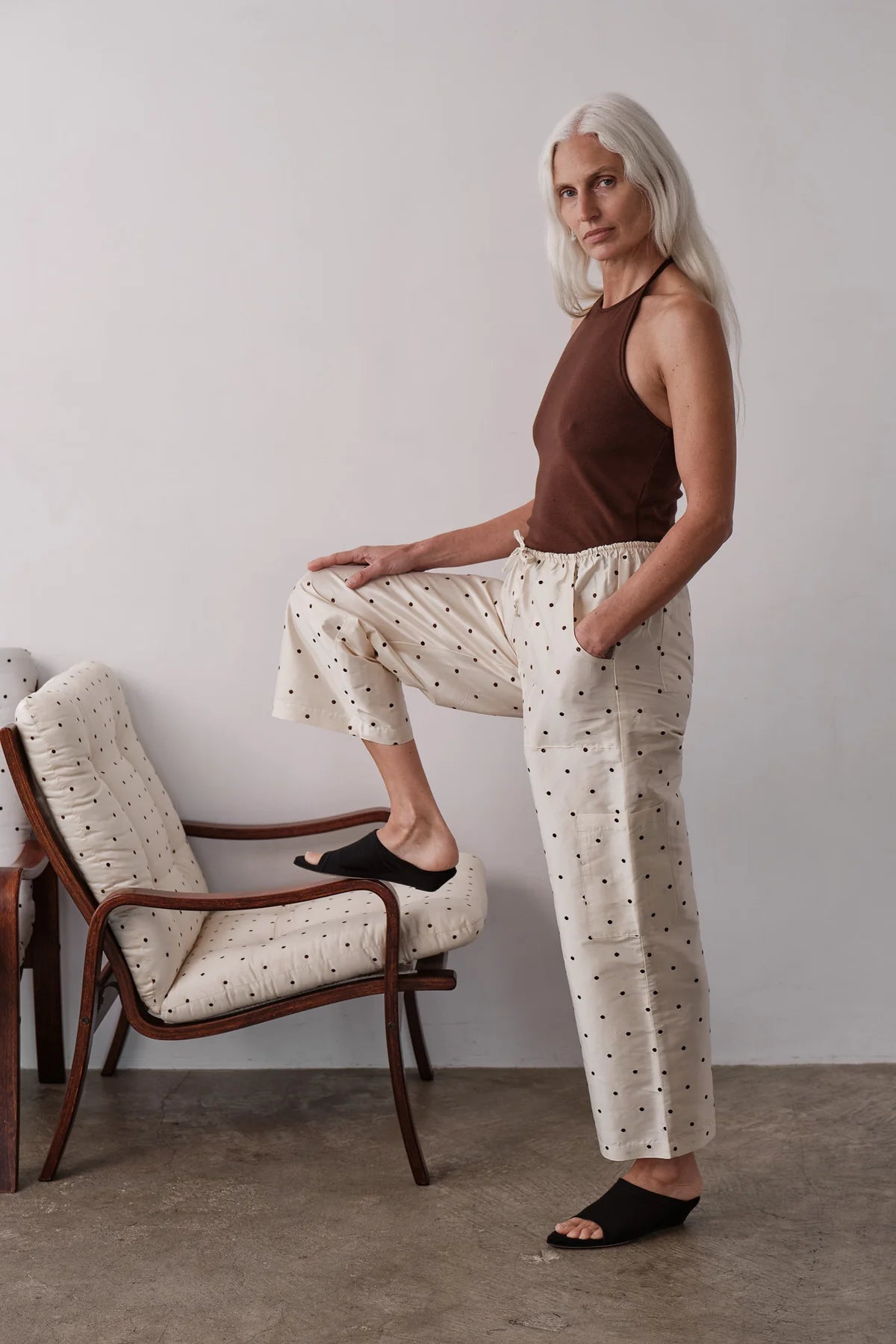 Silk Taffeta Cargo Pant, Creme Polka Dot