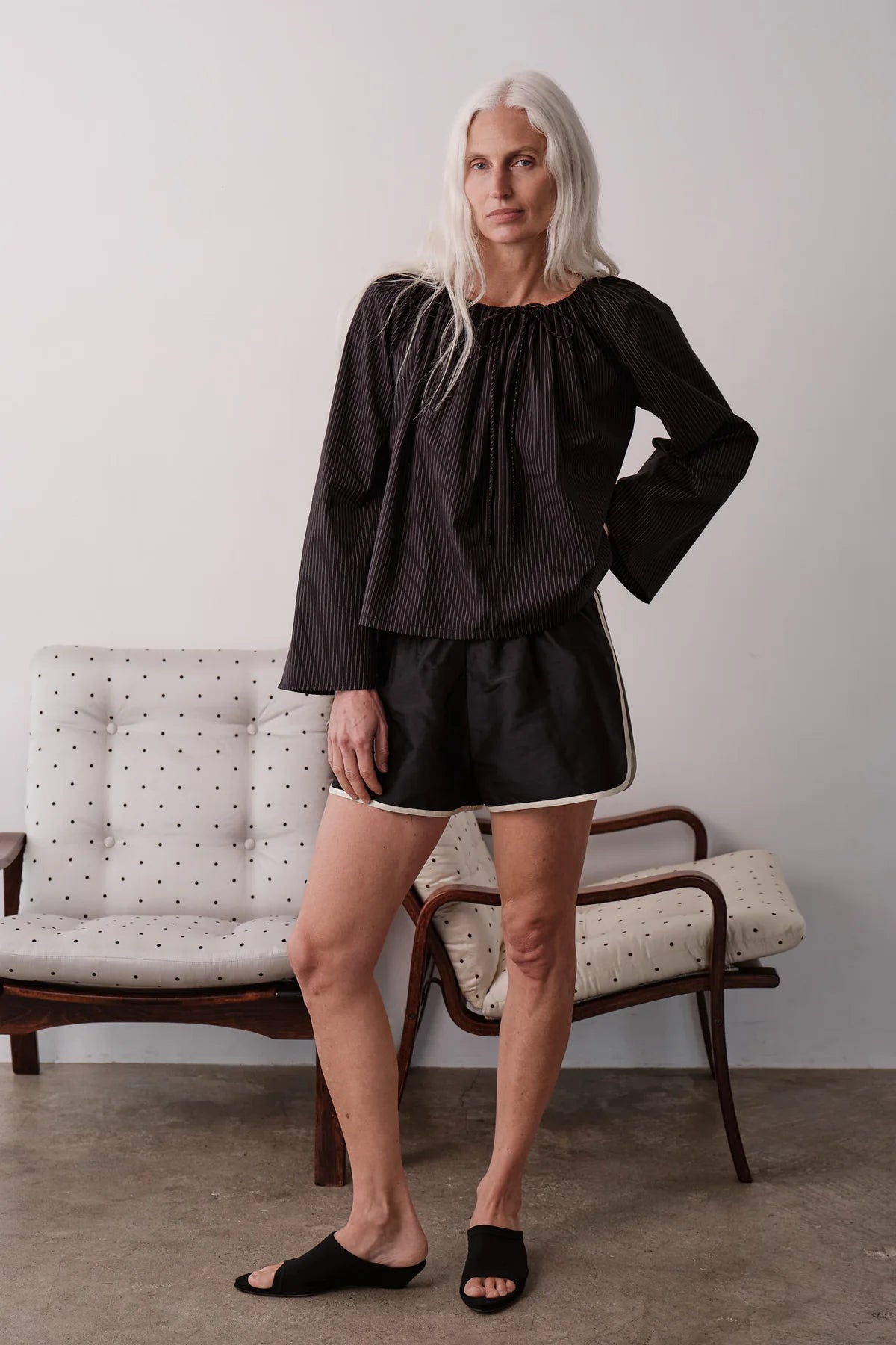 Silk Taffeta Stripe Short, Jet