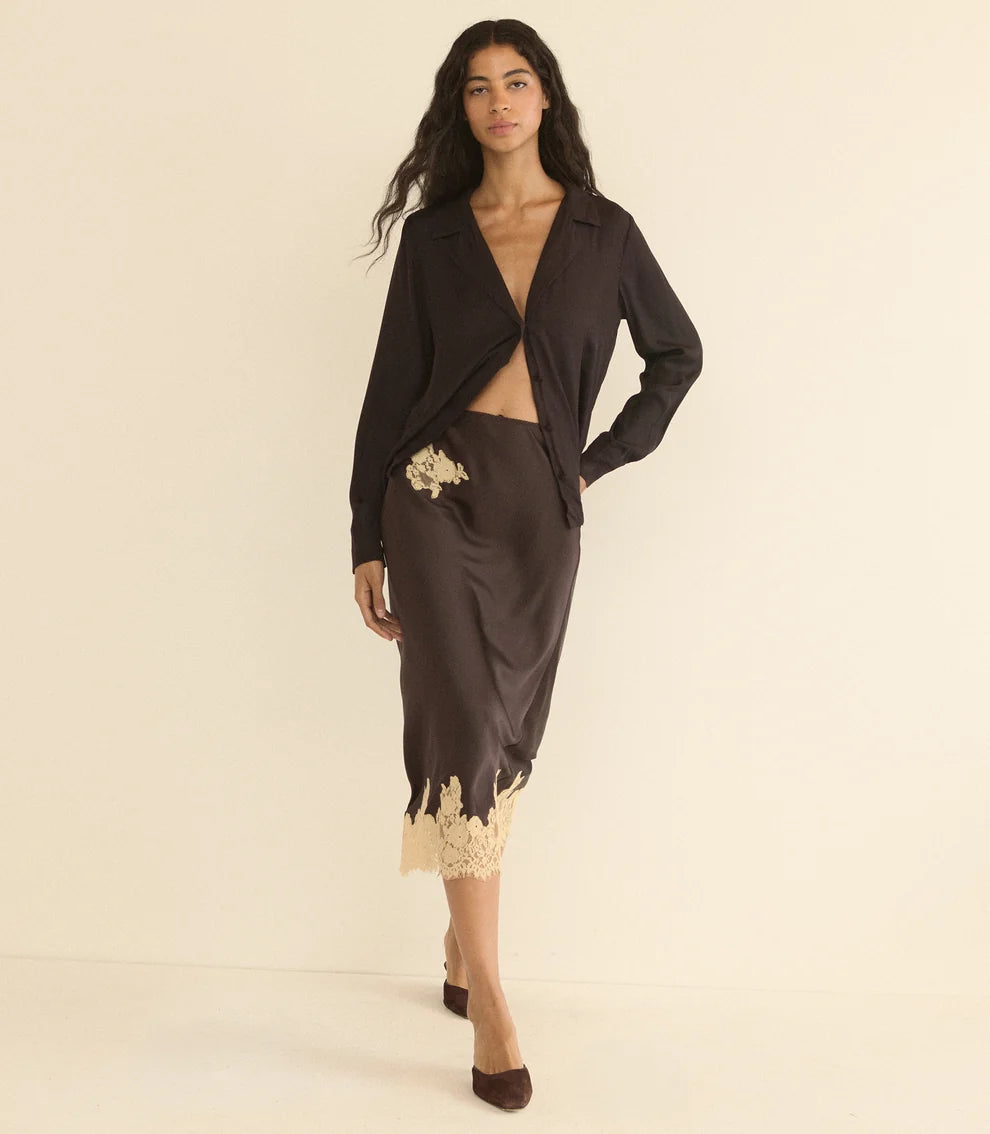 Elowen Skirt, Equestrian Brown with Cream Lace