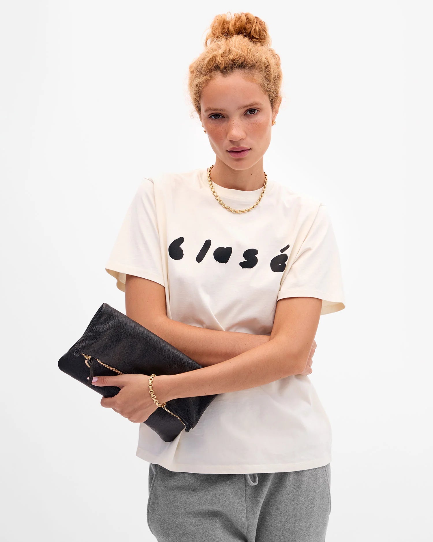 Foldover Clutch, Black Petit Caviar