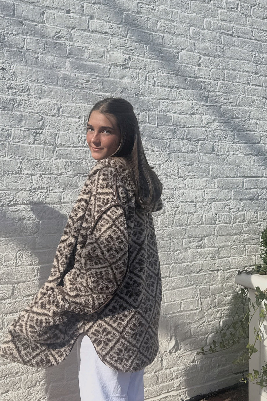 Hooded Sherpa Jacket, Brown Tile