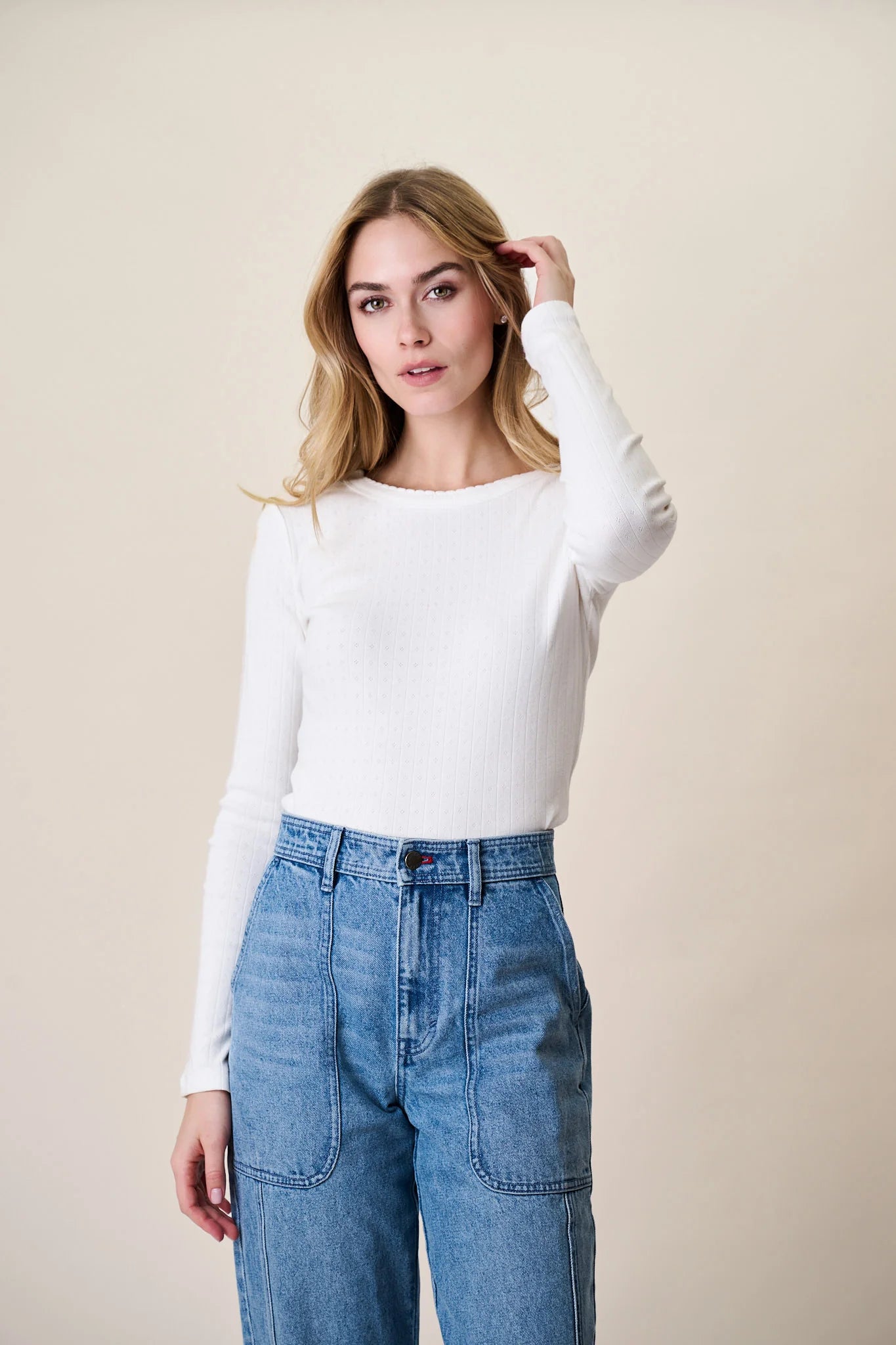 Pointelle Long Sleeve Tee, White