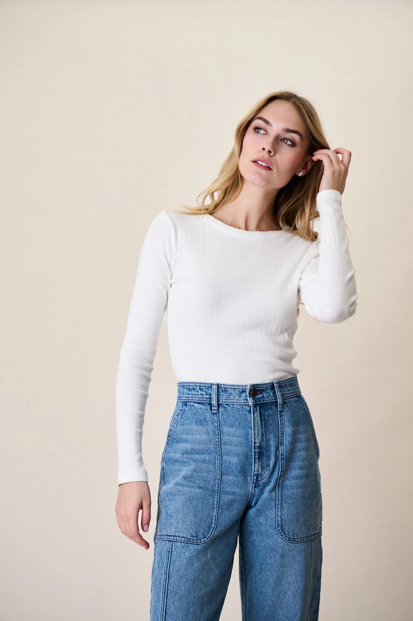 Pointelle Long Sleeve Tee, White