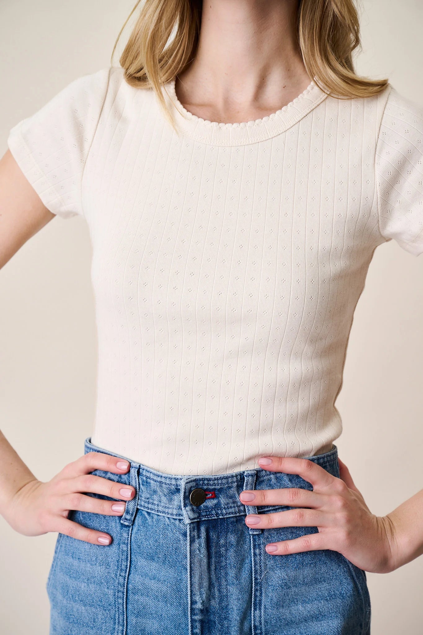 Pointelle Crewneck Tee, Ivory