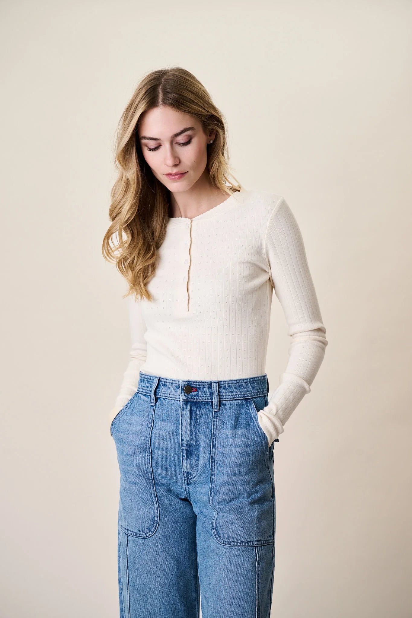 Pointelle Long Sleeve Henley, Ivory