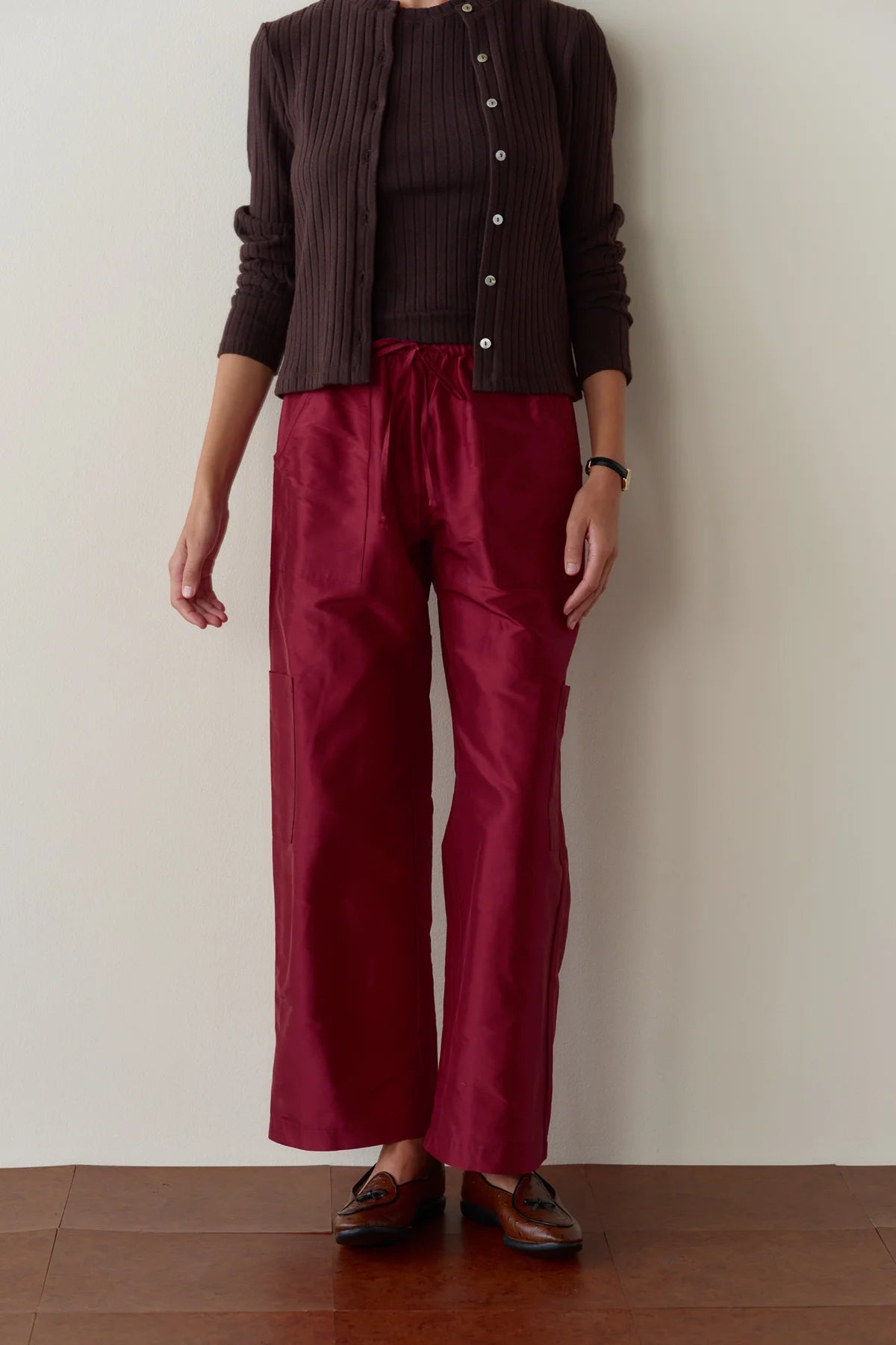 Silk Taffeta Cargo Pant, Oxblood