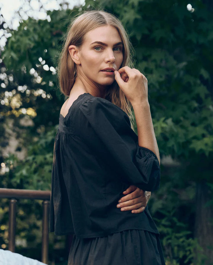 Eyelet Button Sleep Top, Black