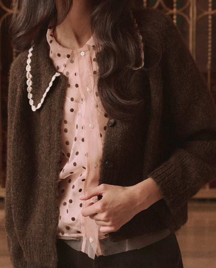 Crochet Collar Cardigan, Chocolate Brown