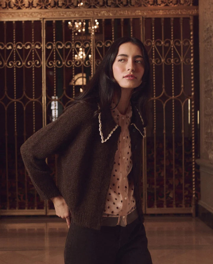 Crochet Collar Cardigan, Chocolate Brown