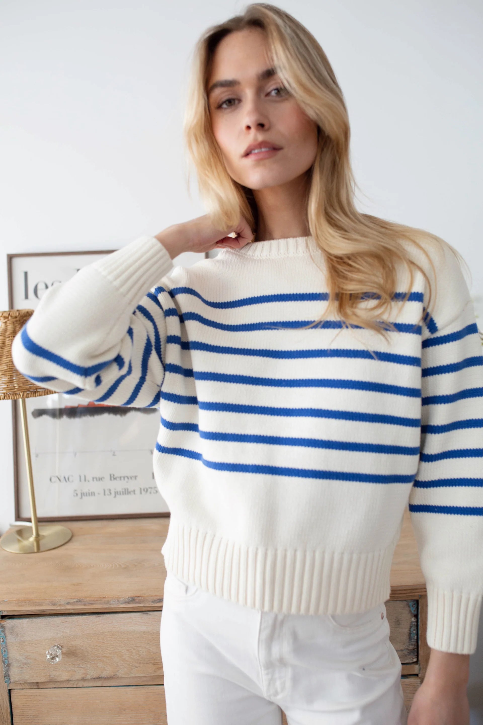 Lake Sweater, Ivory & Tidal Blue Stripe