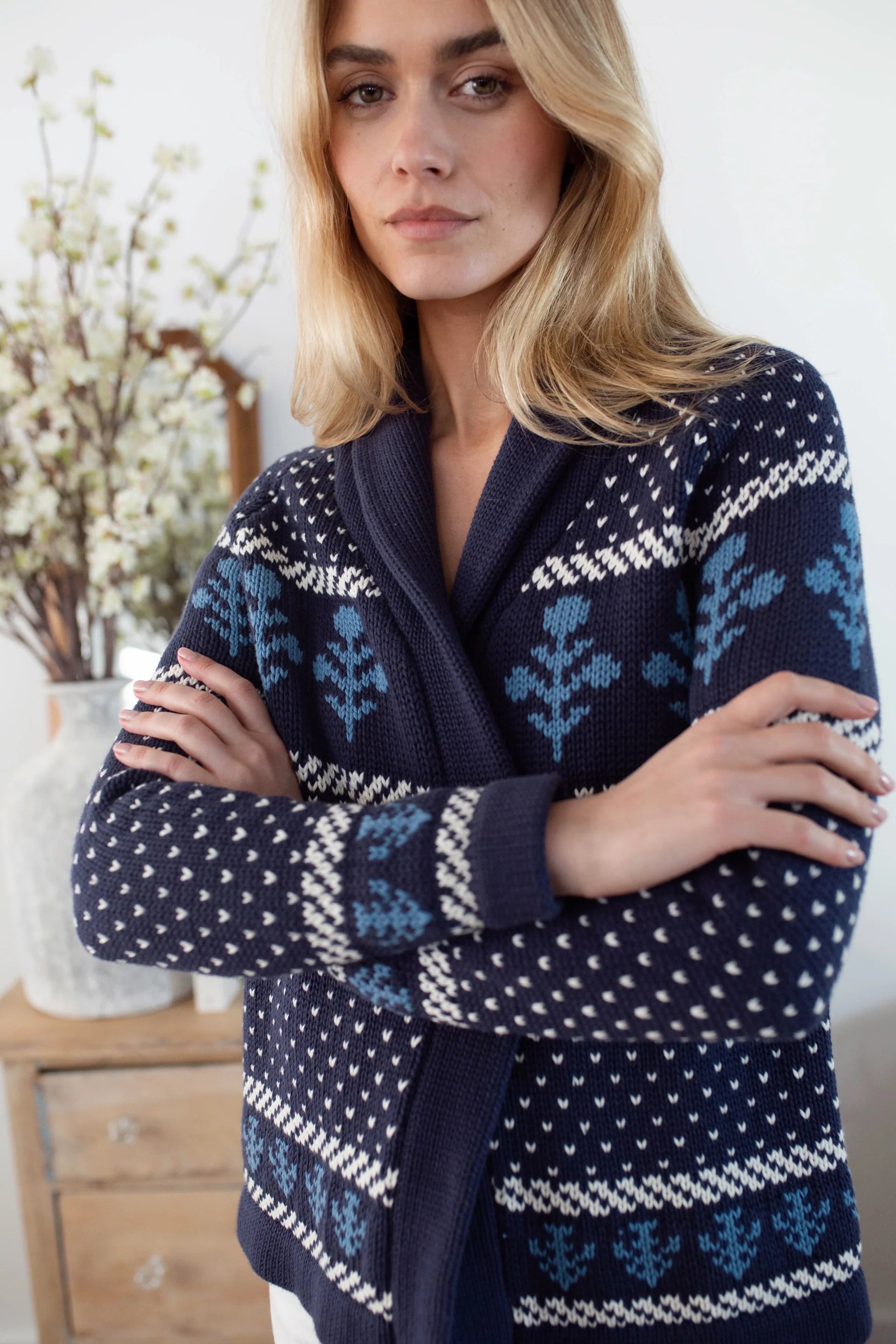 Flower Shawl Cardigan, Navy