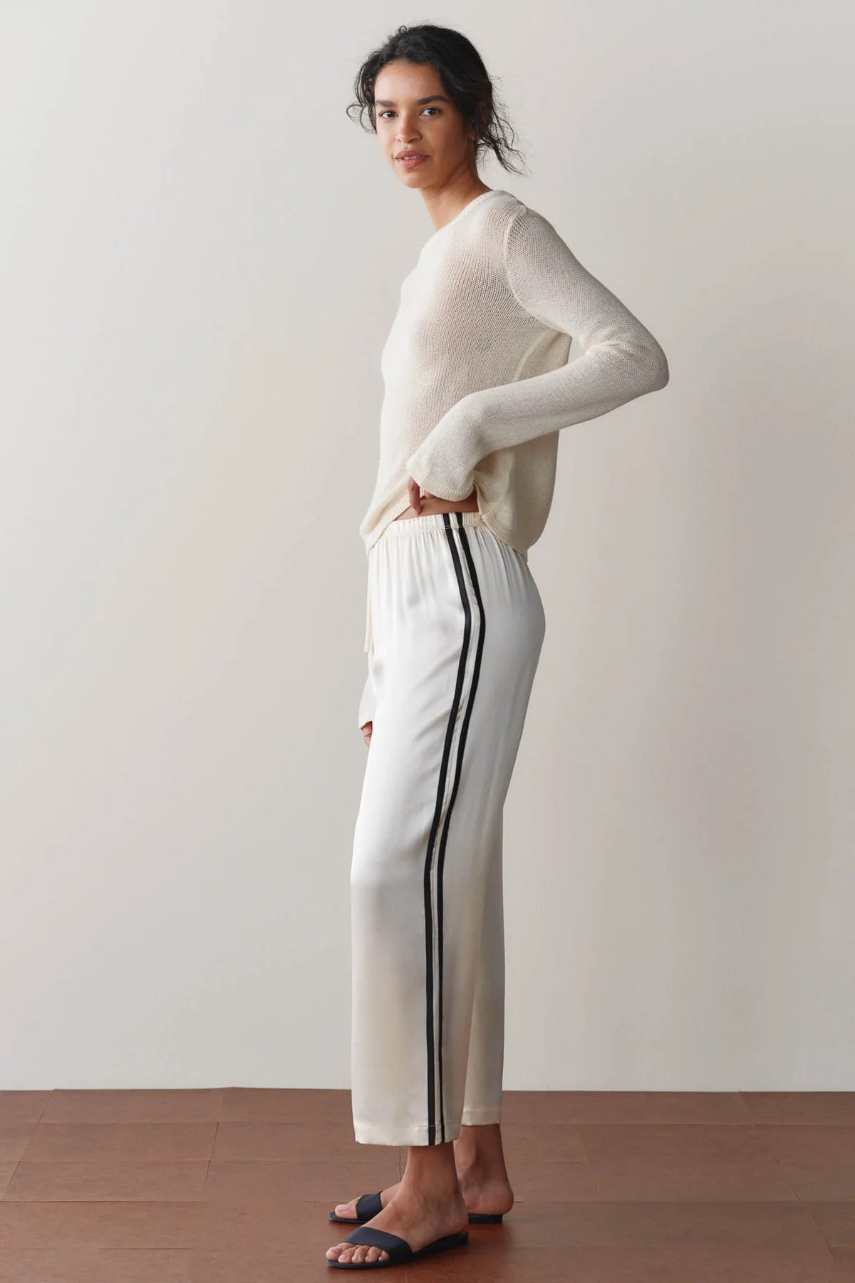 Silk Stripe Crop Pant, Creme & Jet