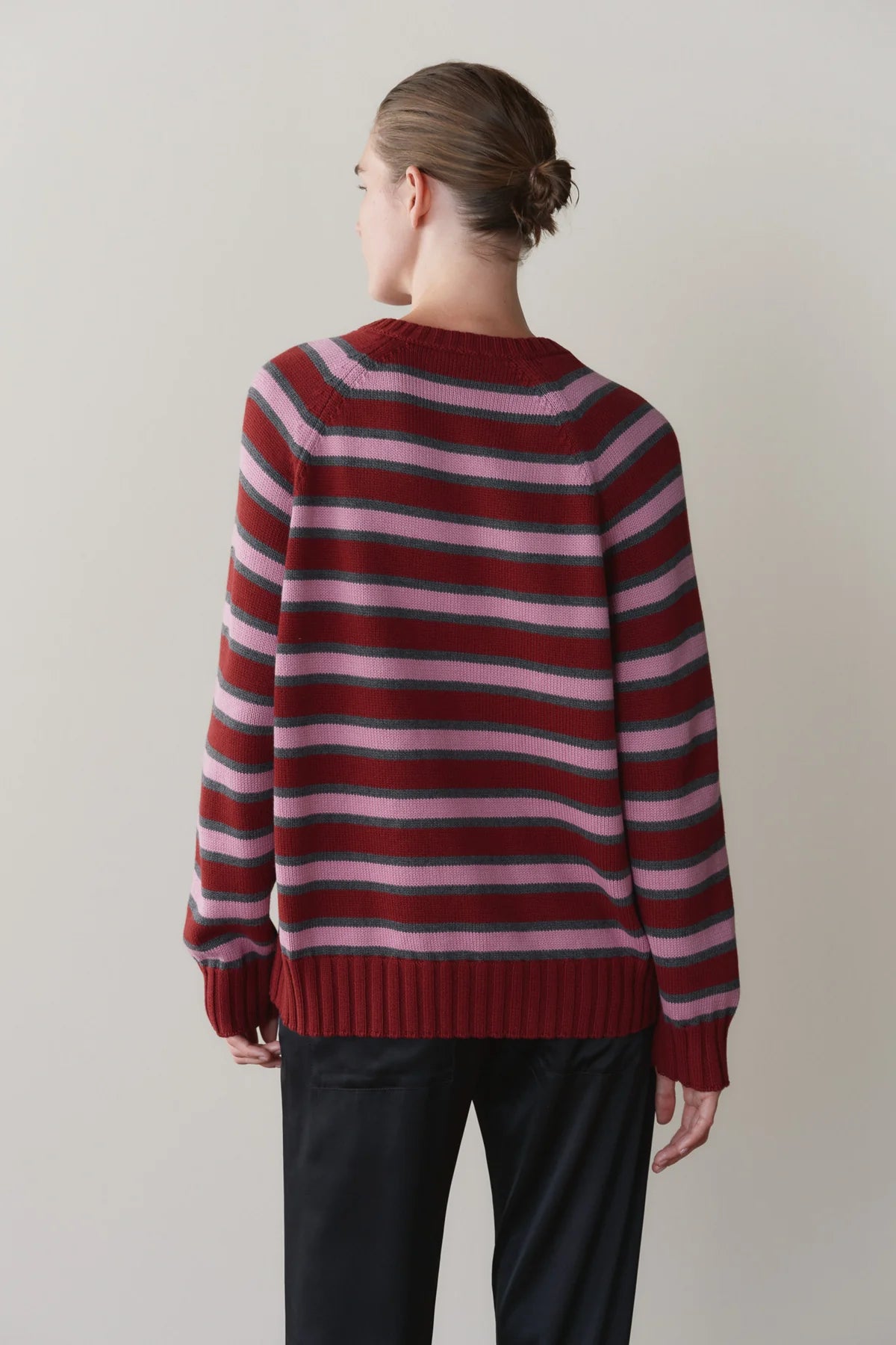 Cotton Knit Stripe V-Neck Sweater, Oxblood