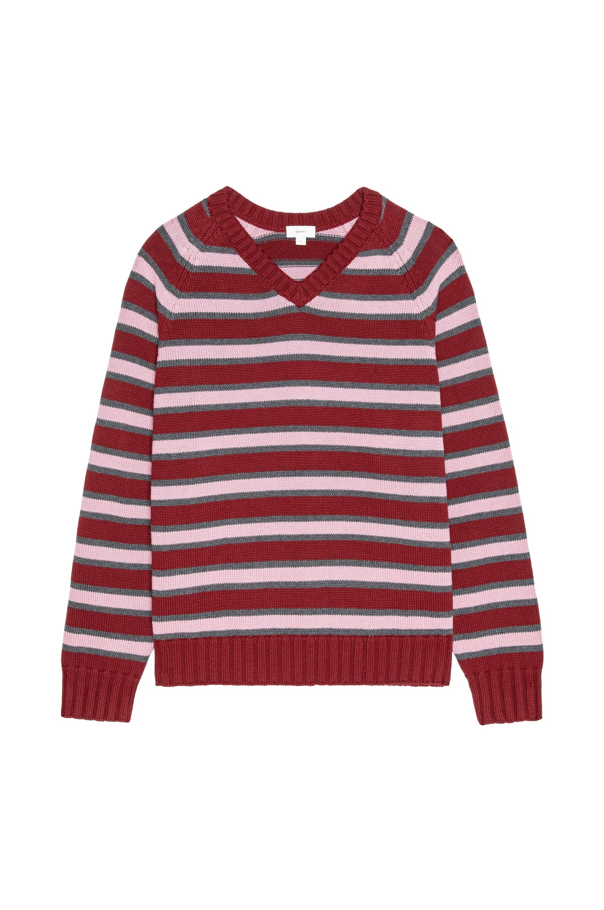 Cotton Knit Stripe V-Neck Sweater, Oxblood
