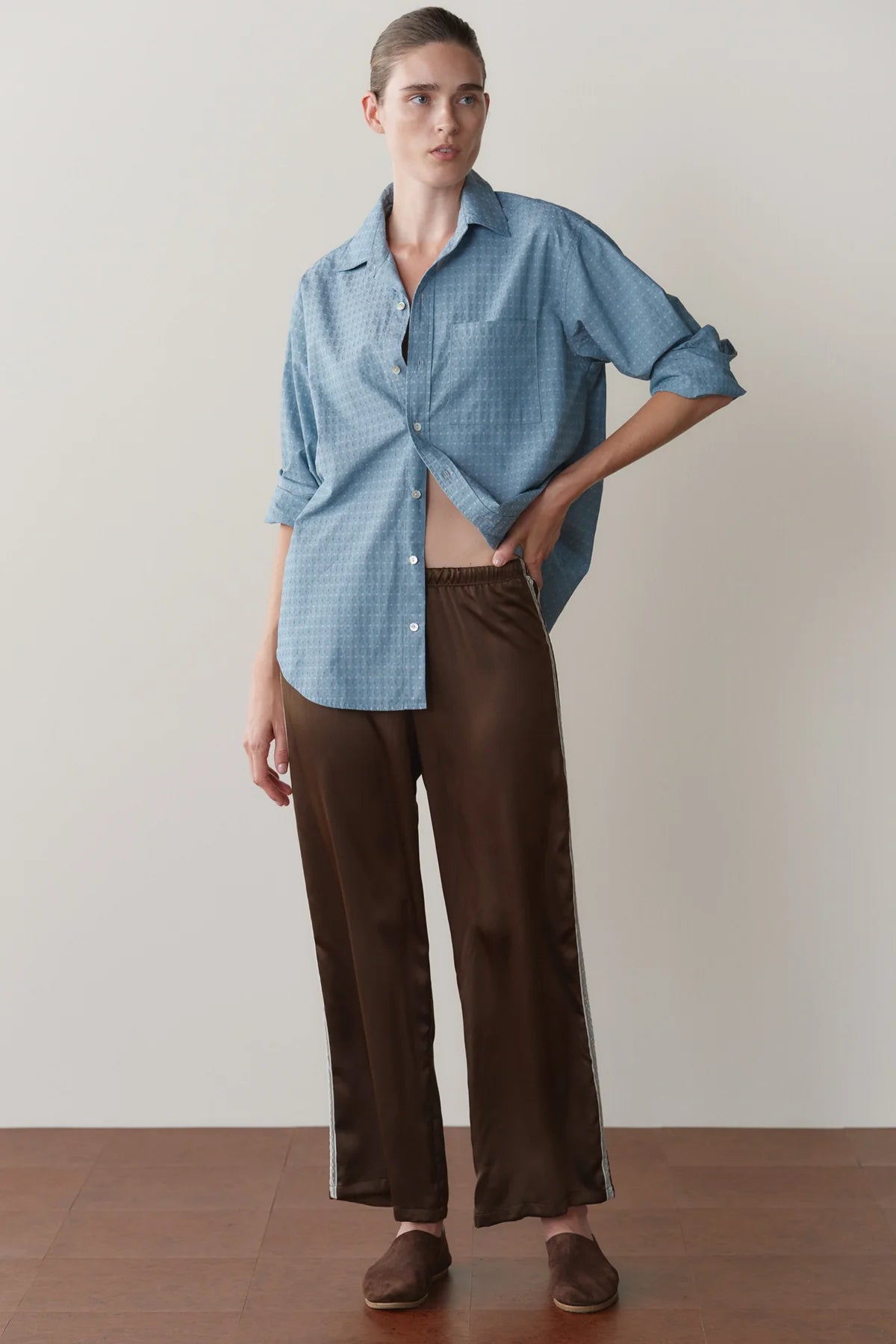Silk Lace Stripe Crop Pant, Espresso