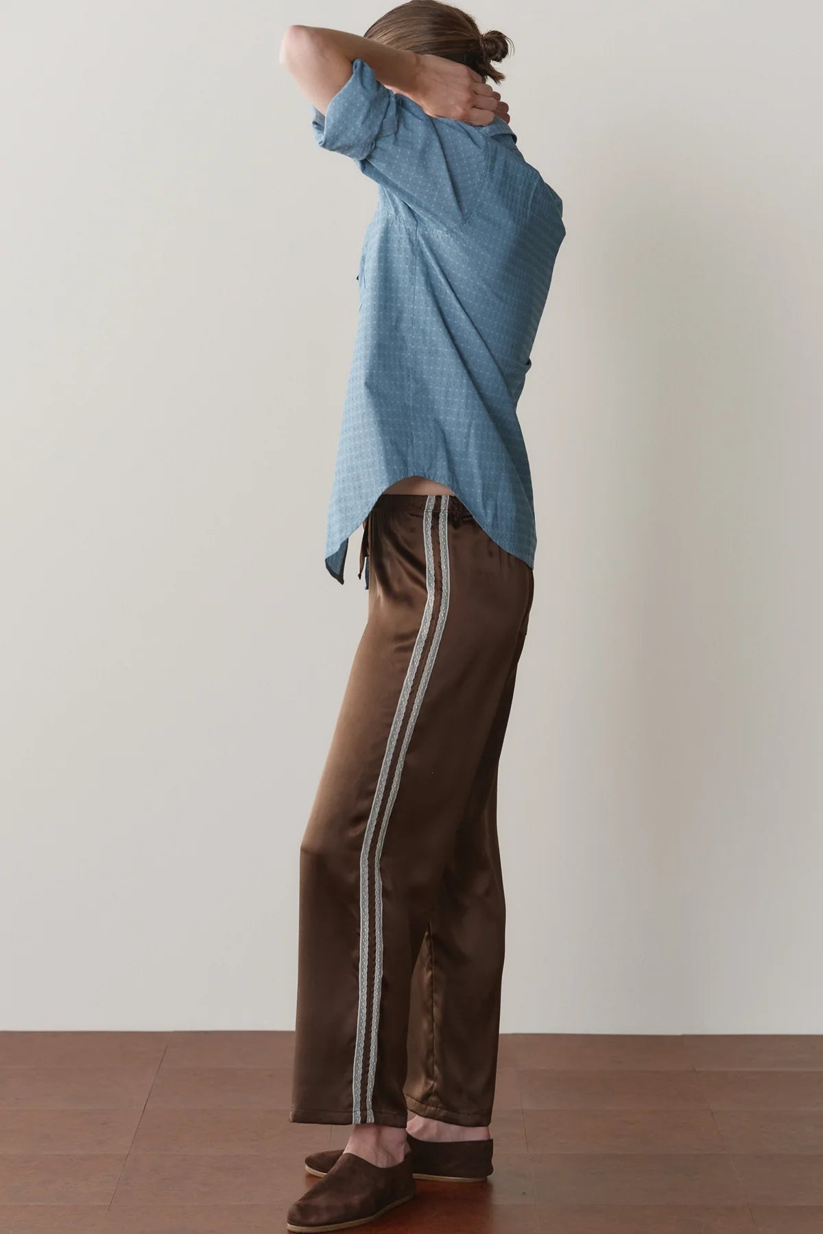Silk Lace Stripe Crop Pant, Espresso