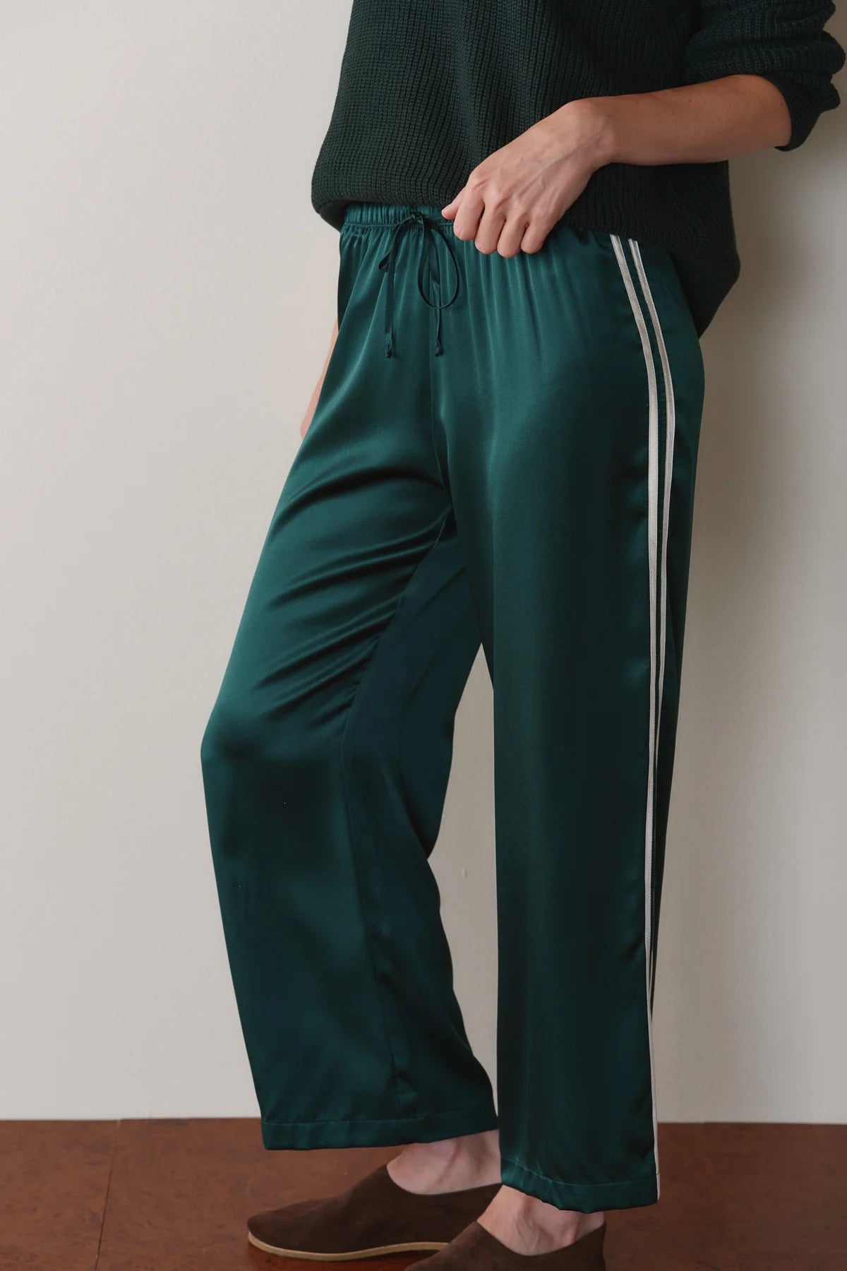 Silk Stripe Crop Pant, Fir & Creme