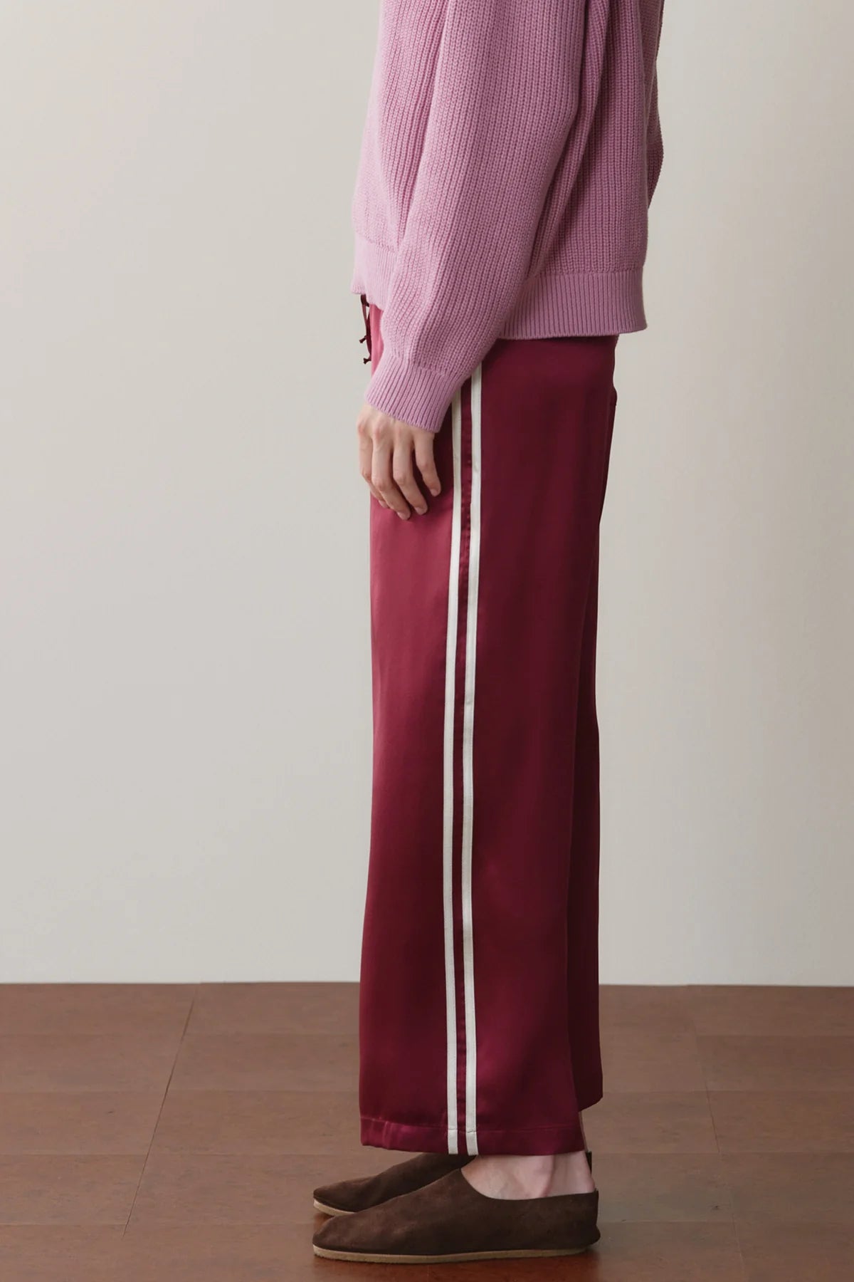Silk Stripe Crop Pant, Oxblood & Creme