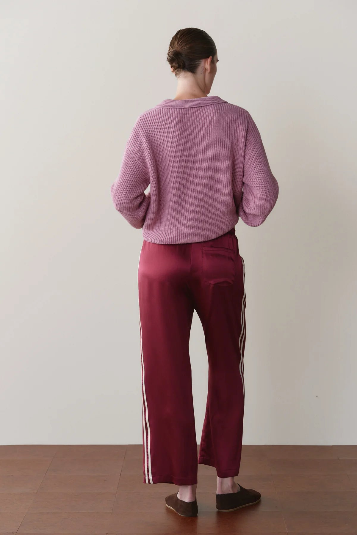Silk Stripe Crop Pant, Oxblood & Creme