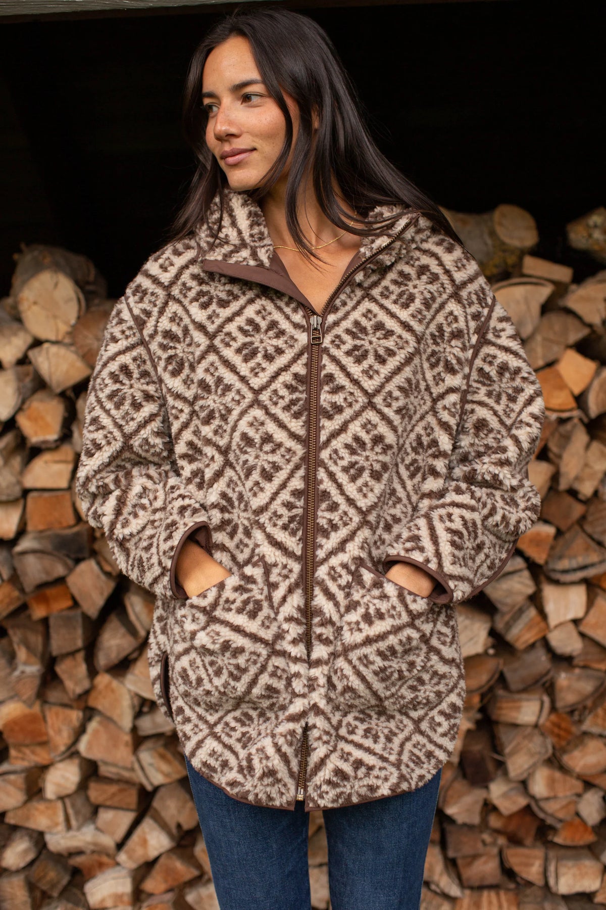 Hooded Sherpa Jacket, Brown Tile