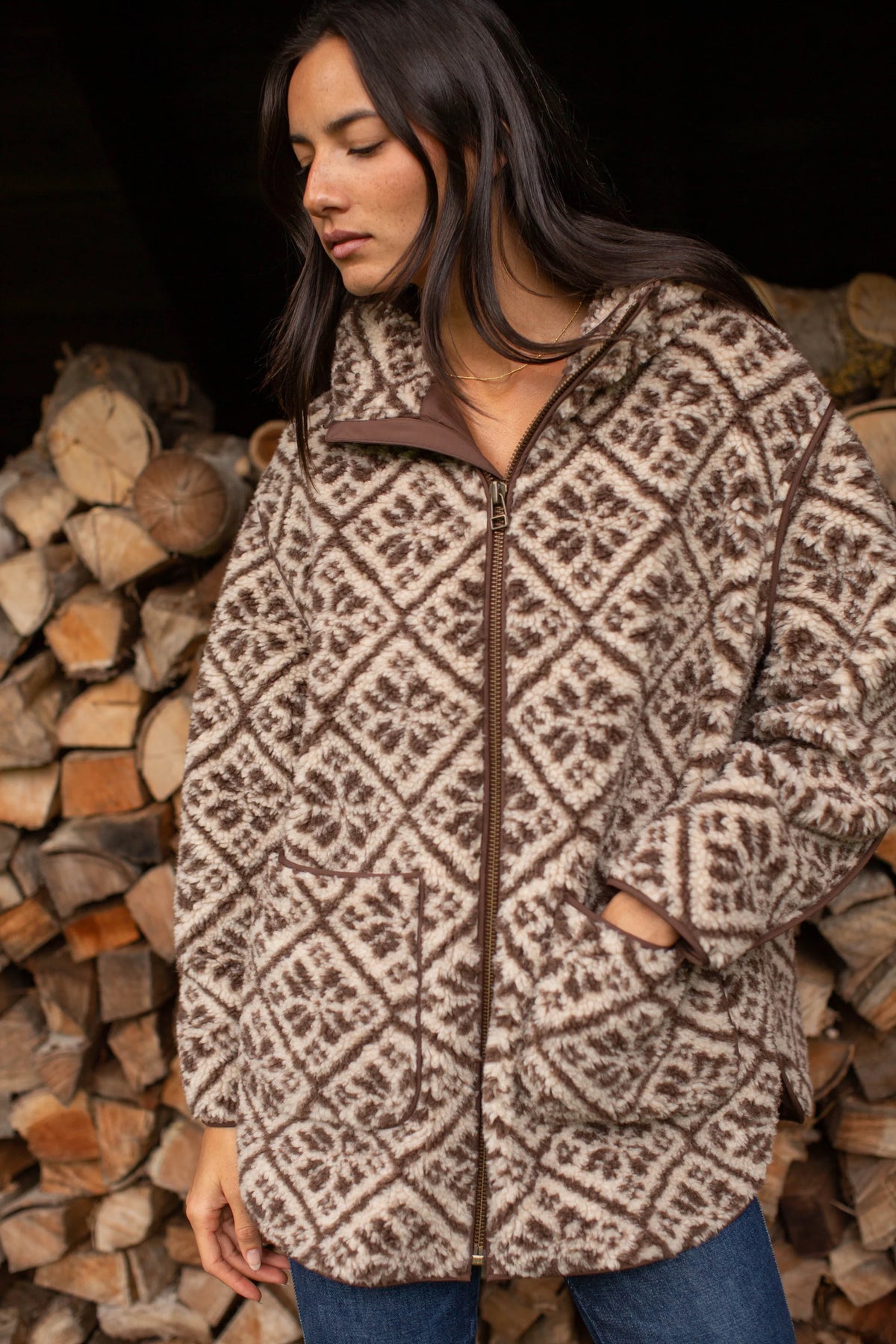 Hooded Sherpa Jacket, Brown Tile