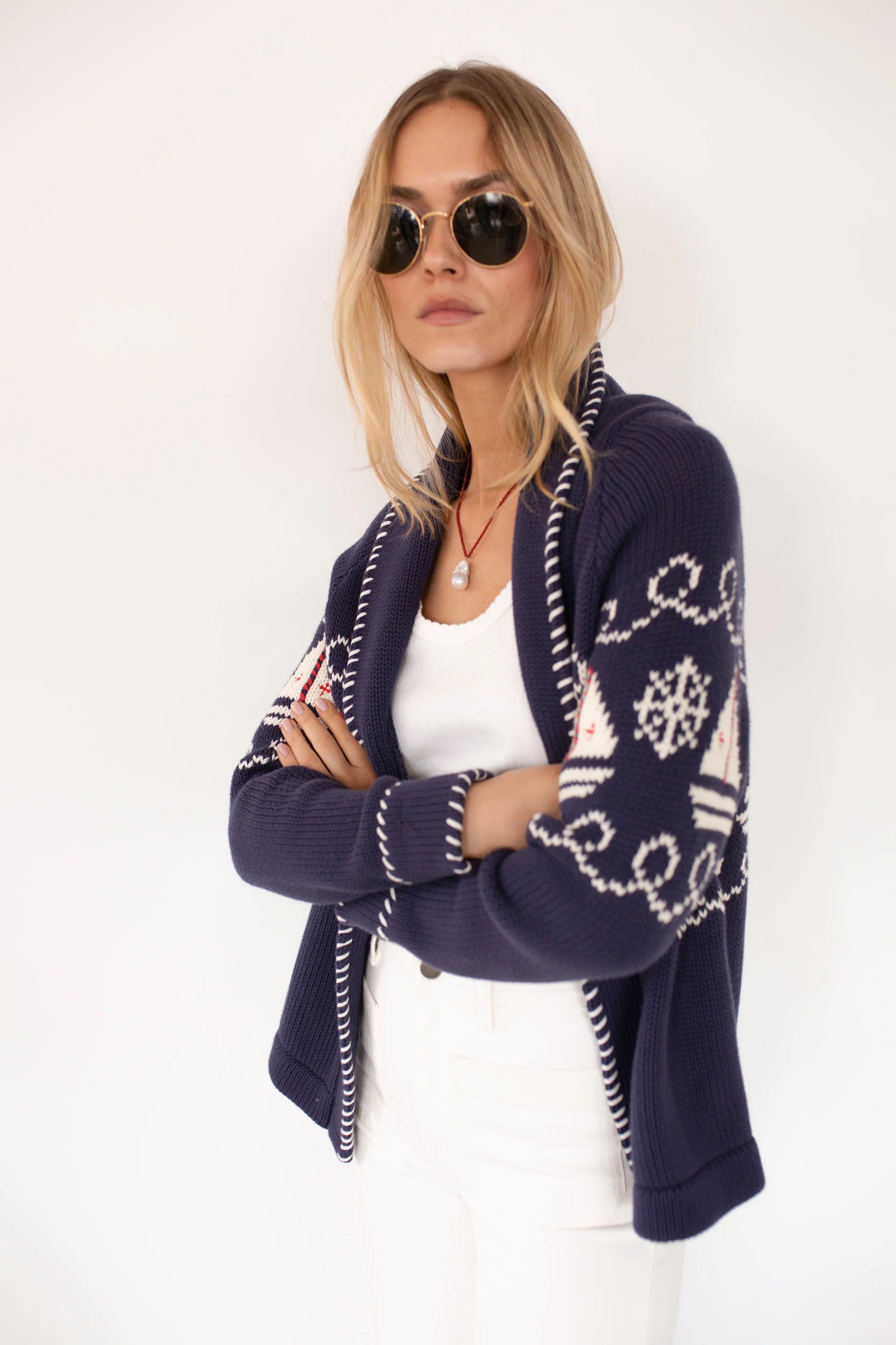 Cardigan in Nautical Intarsia, Navy