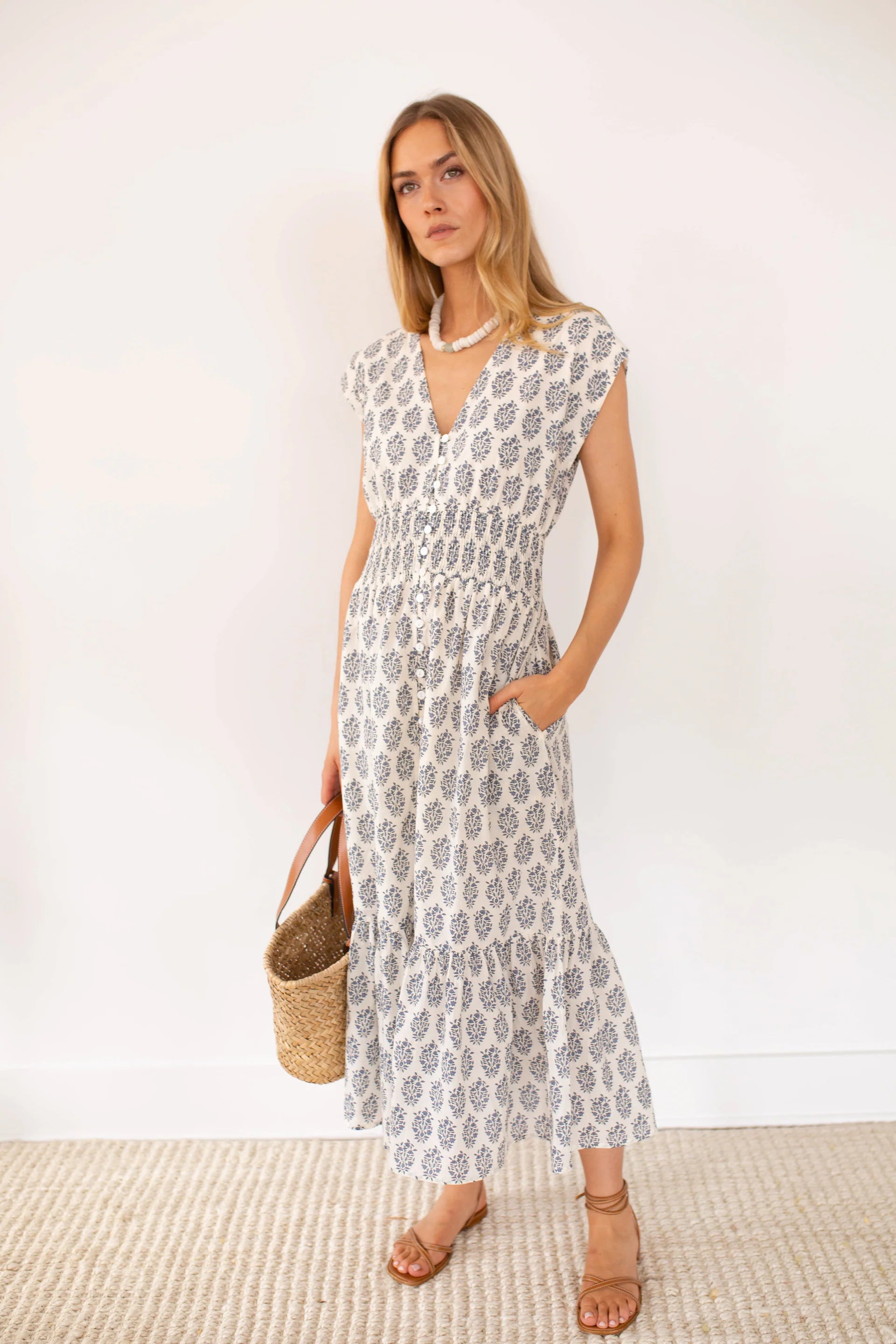 Fiona Dress, Ivory & Indigo Meadow