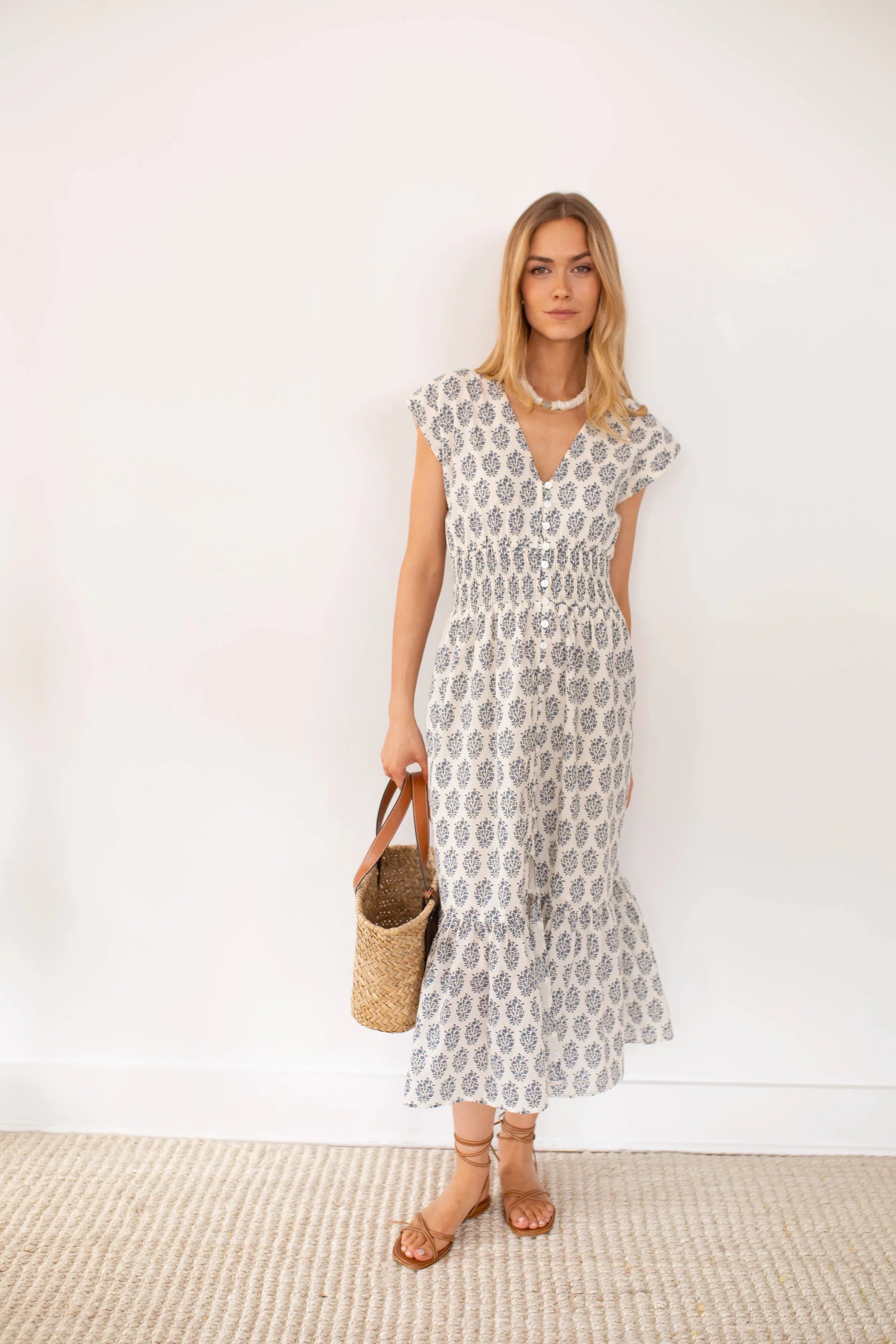 Fiona Dress, Ivory & Indigo Meadow