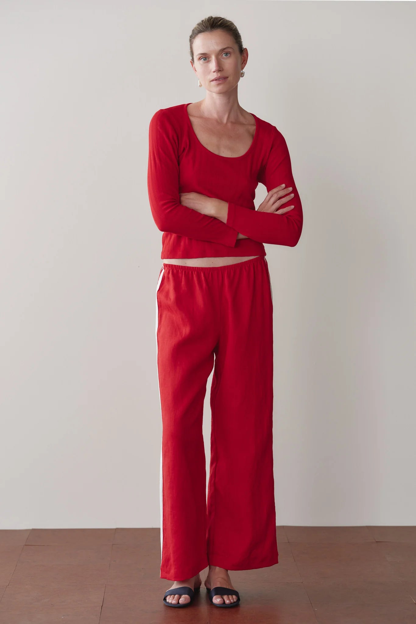 Linen Crop Stripe Pant, Bell Pepper