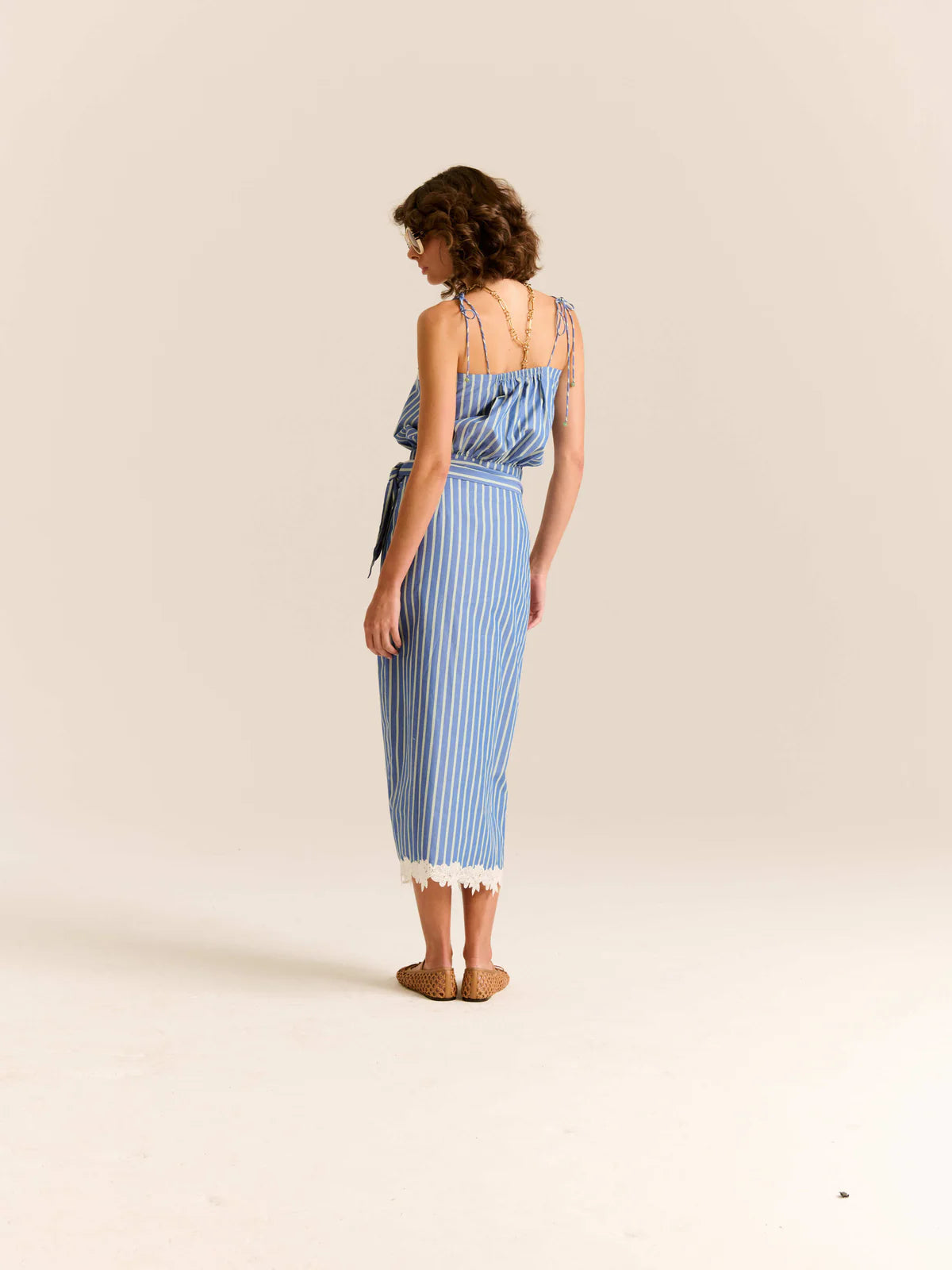 K Carolina blue tops chiffon lacey Paula トップス Paula Lace Stripes Blue in Top トップス