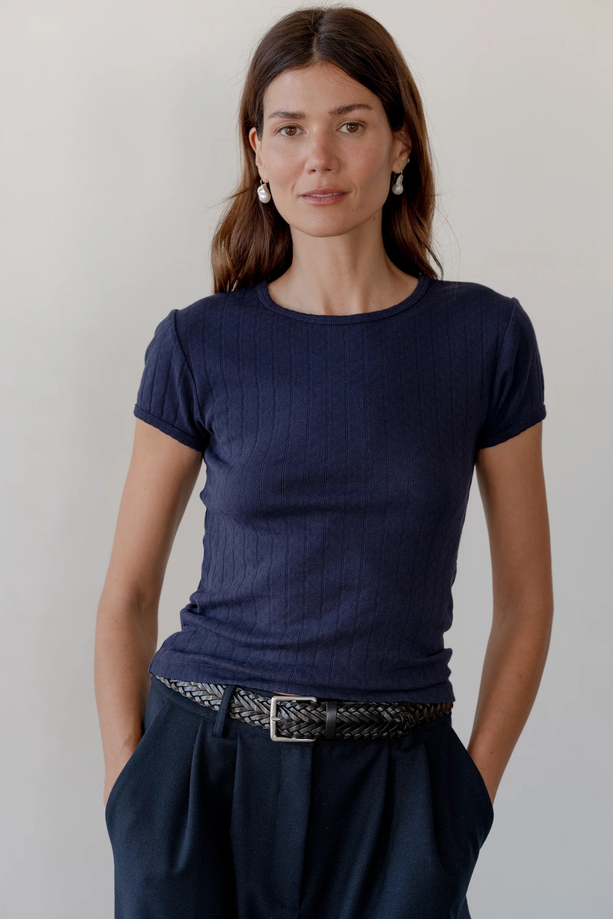 Pointelle Baby Tee, Navy