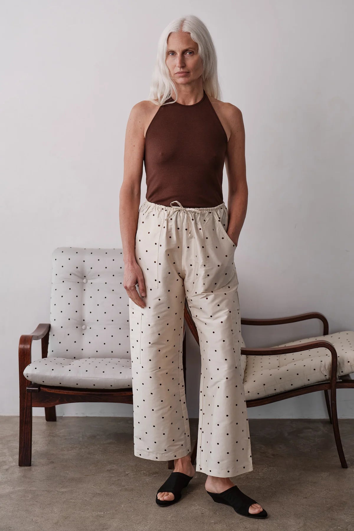 Silk Taffeta Cargo Pant, Creme Polka Dot