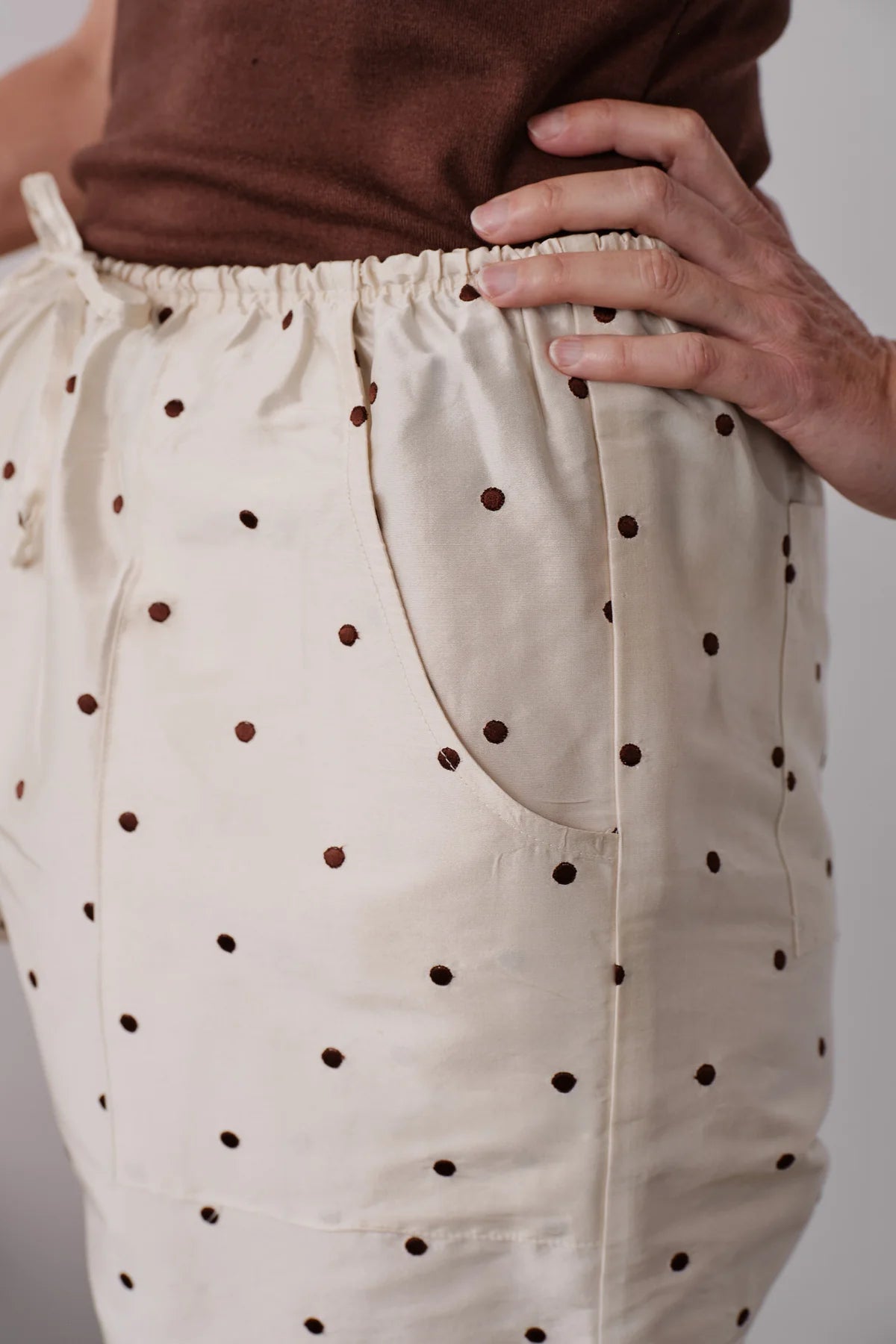 Silk Taffeta Cargo Pant, Creme Polka Dot