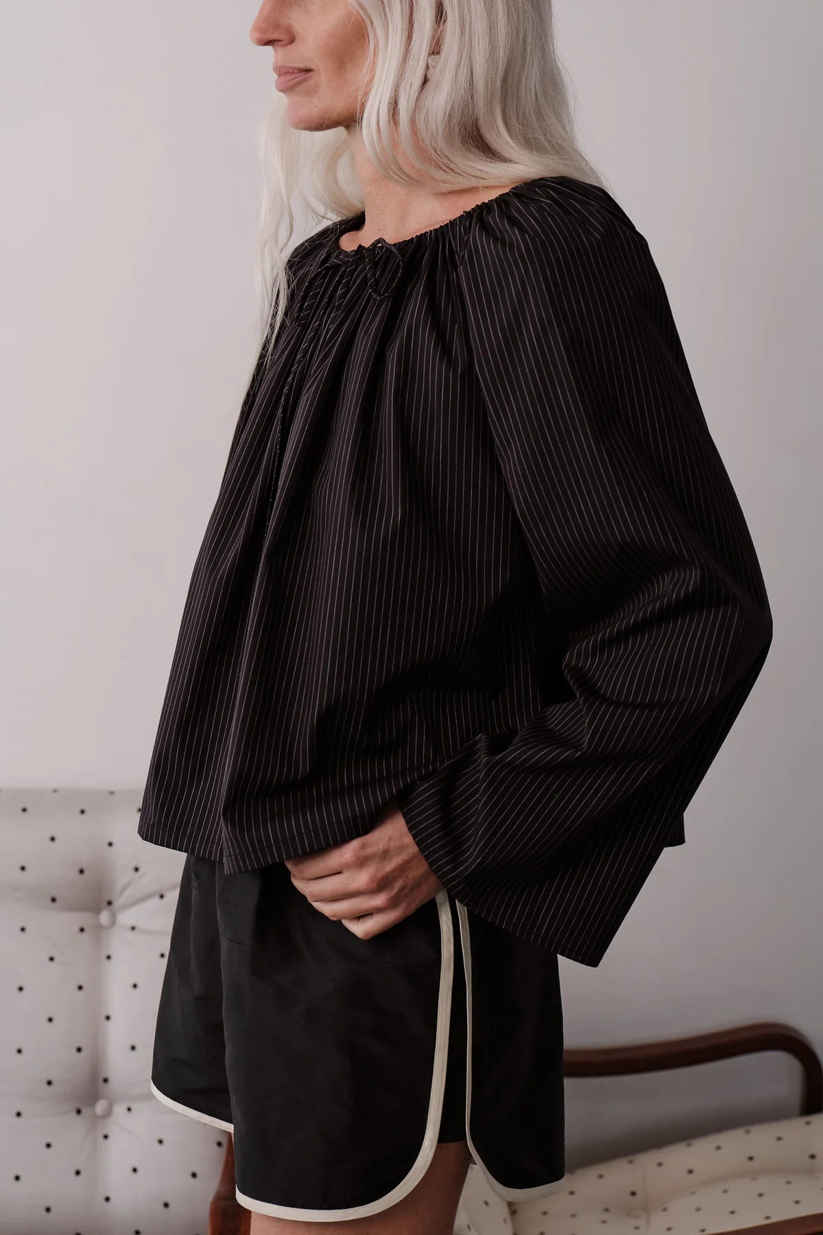 Silk Taffeta Stripe Short, Jet
