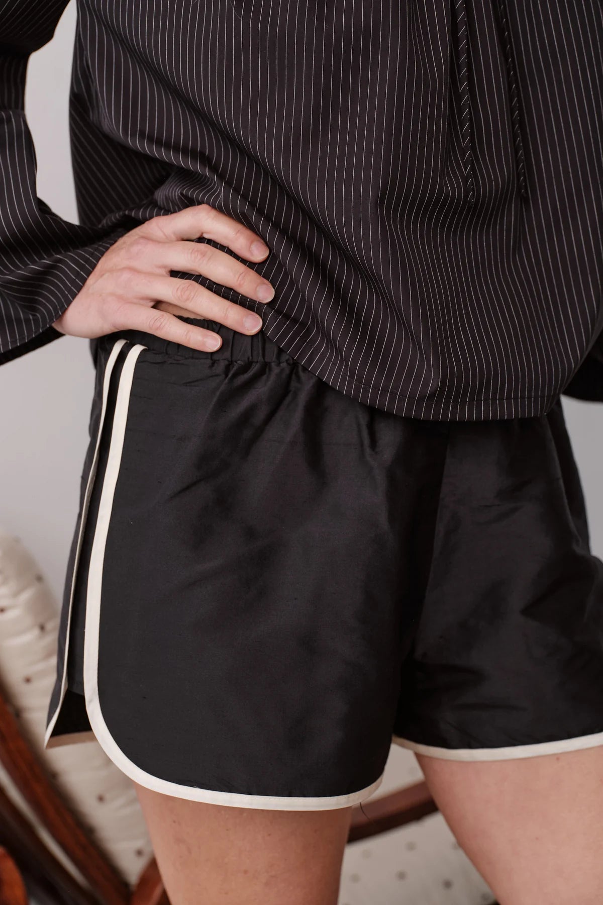 Silk Taffeta Stripe Short, Jet