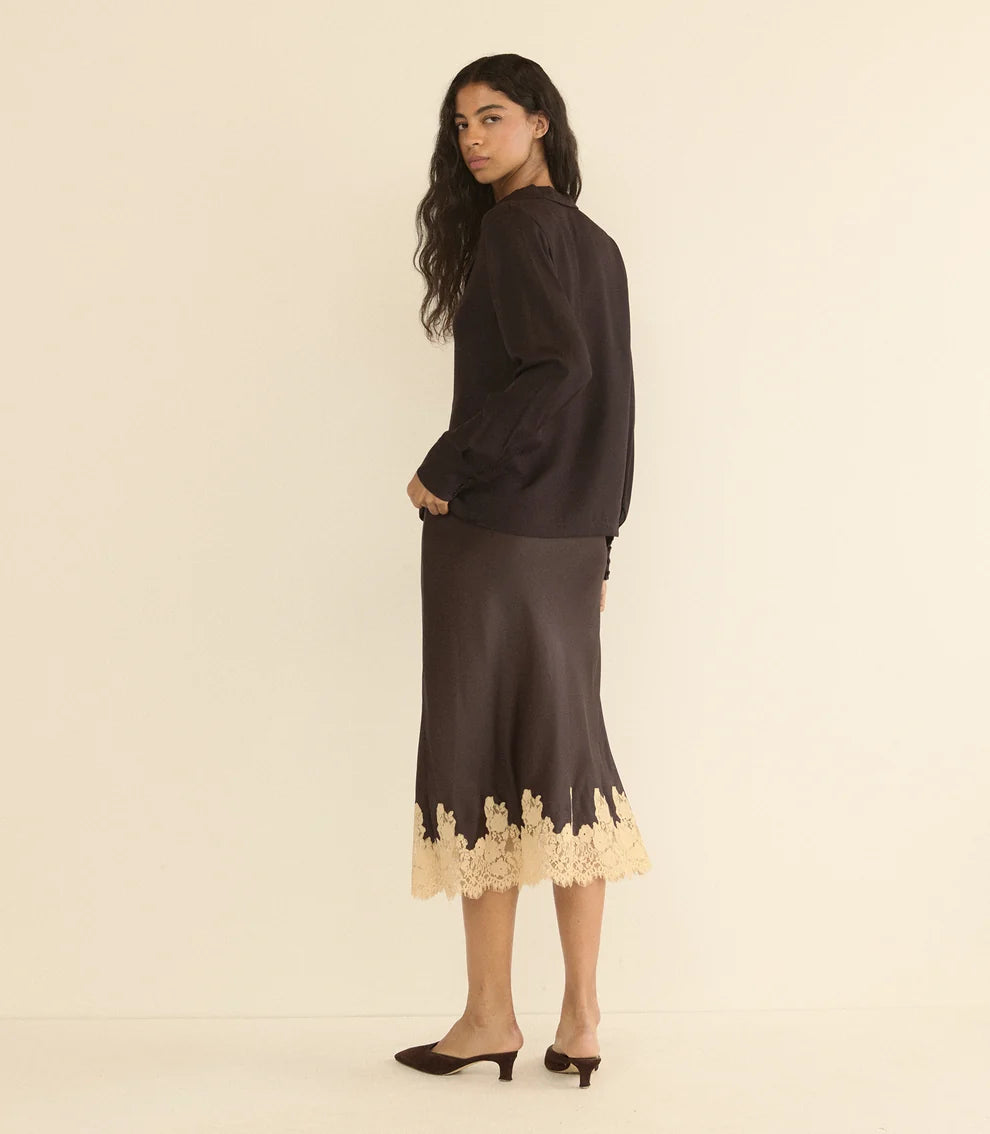 Elowen Skirt, Equestrian Brown with Cream Lace
