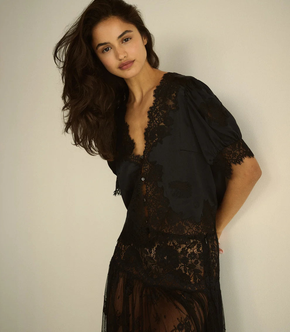 Idella Silk Satin Top, Black