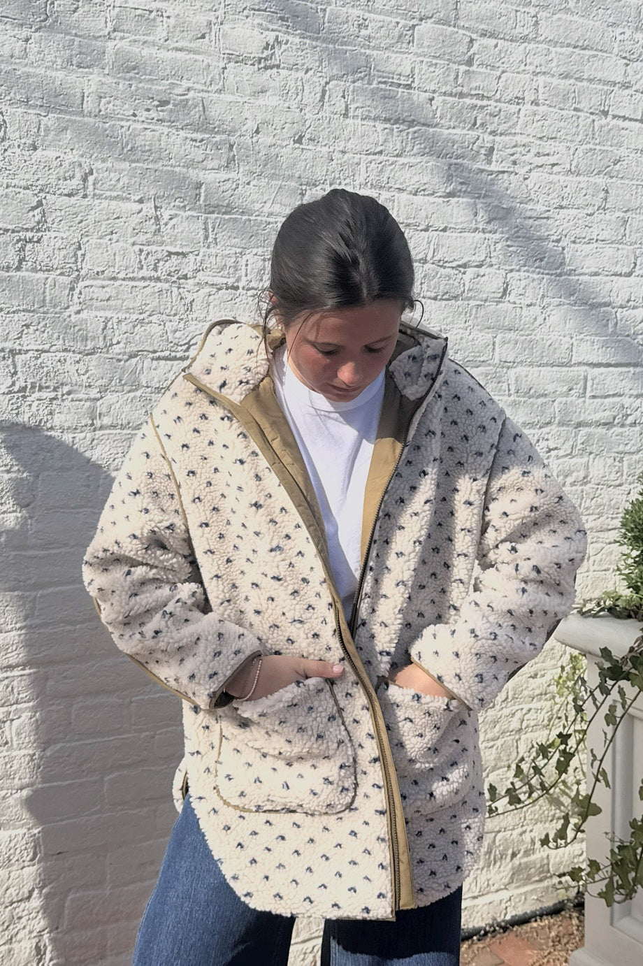 Hooded Sherpa Jacket, Ivory & Blue