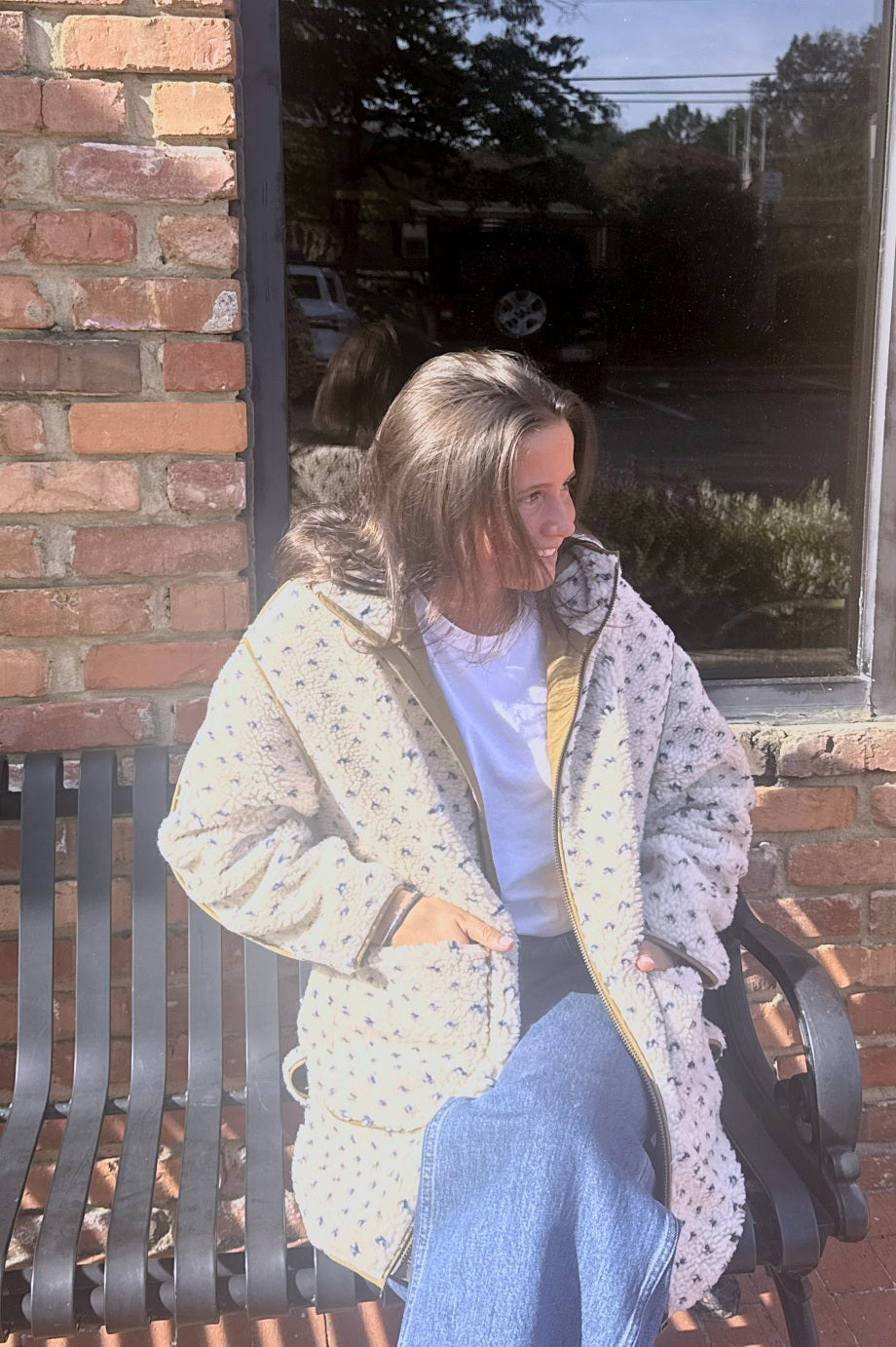 Hooded Sherpa Jacket, Ivory & Blue