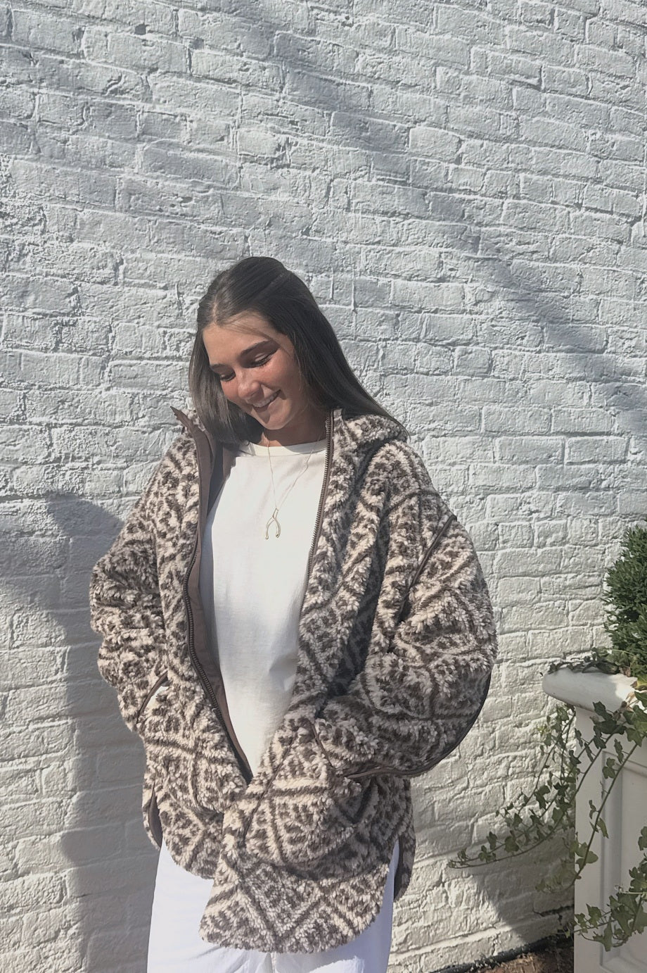 Hooded Sherpa Jacket, Brown Tile