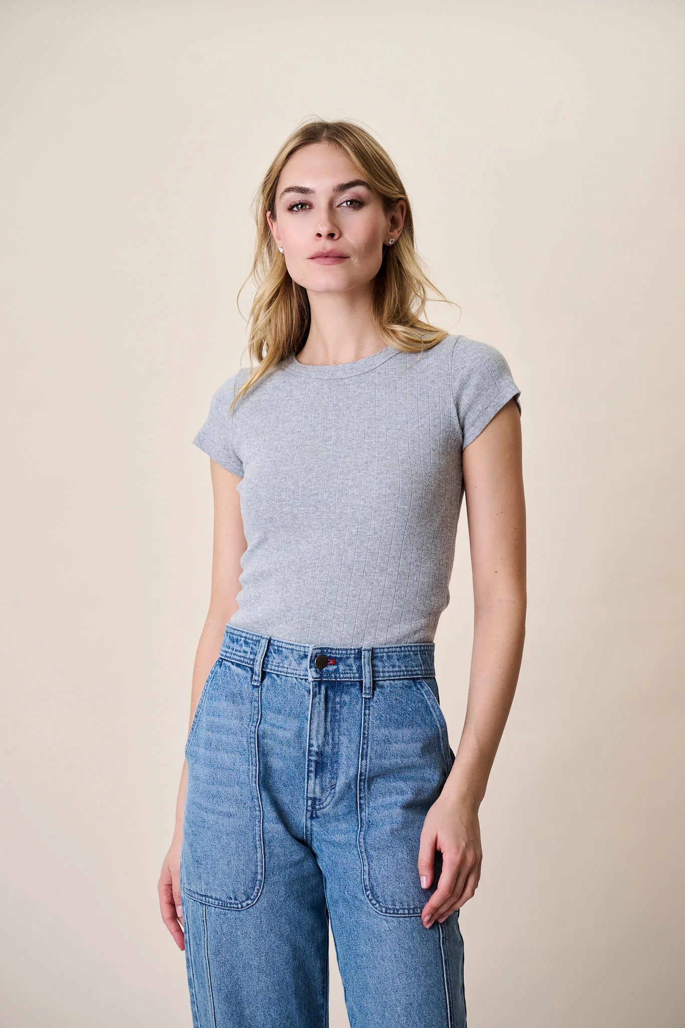 Pointelle Crewneck Tee, Grey