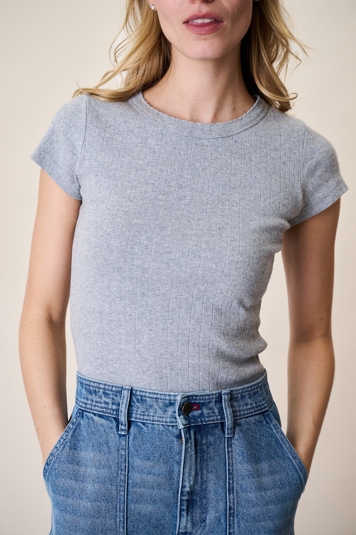 Pointelle Crewneck Tee, Grey
