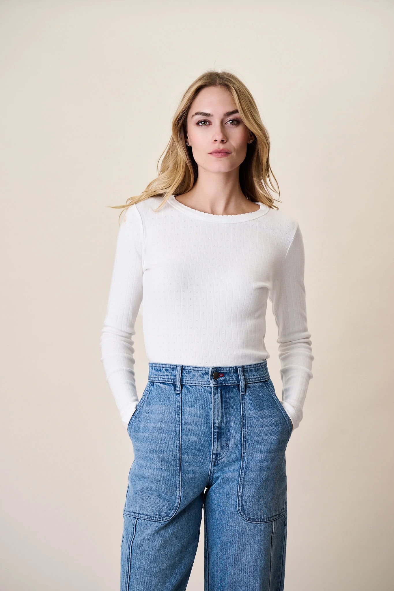 Pointelle Long Sleeve Tee, White