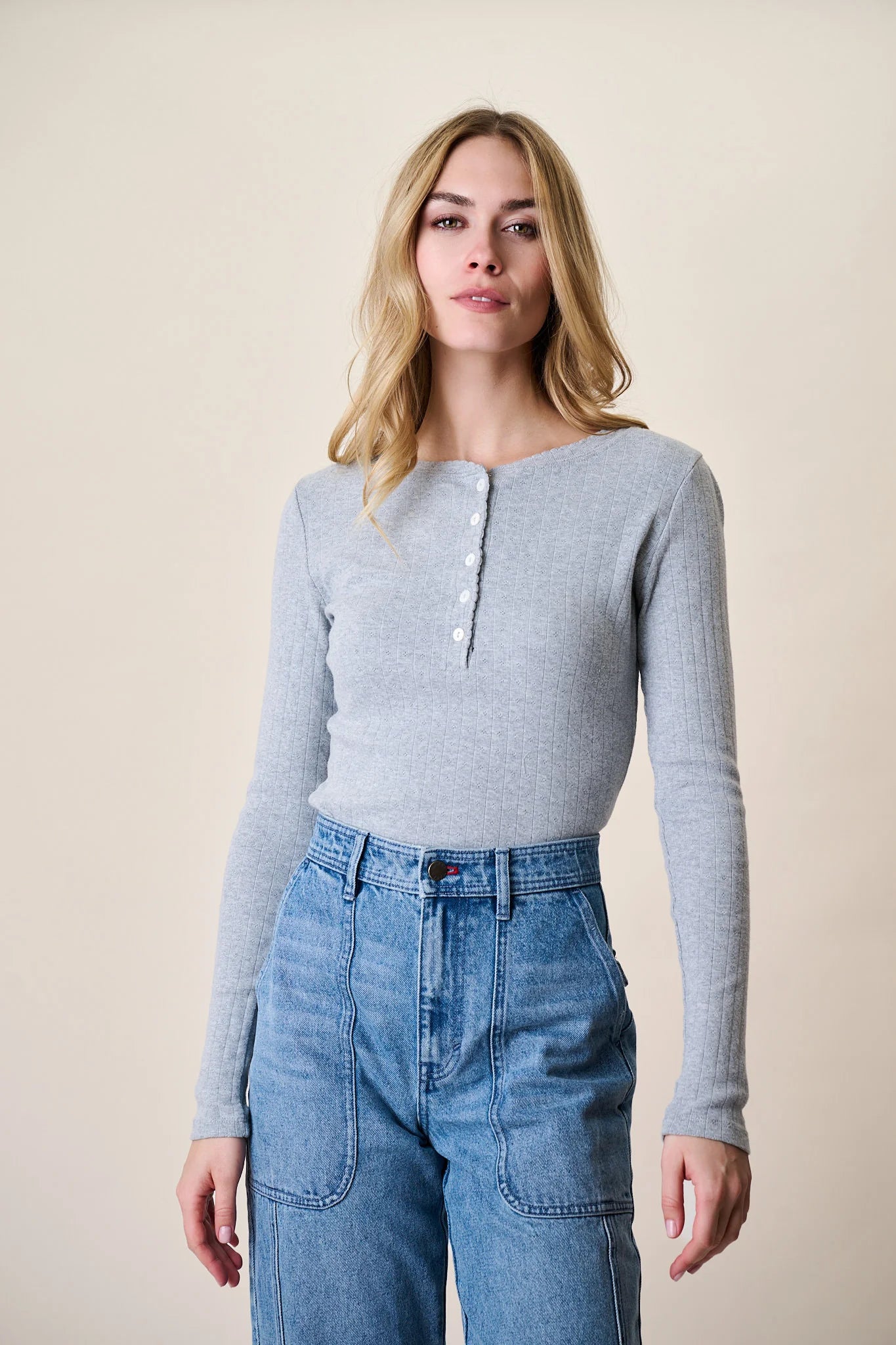 Pointelle Long Sleeve Henley, Grey