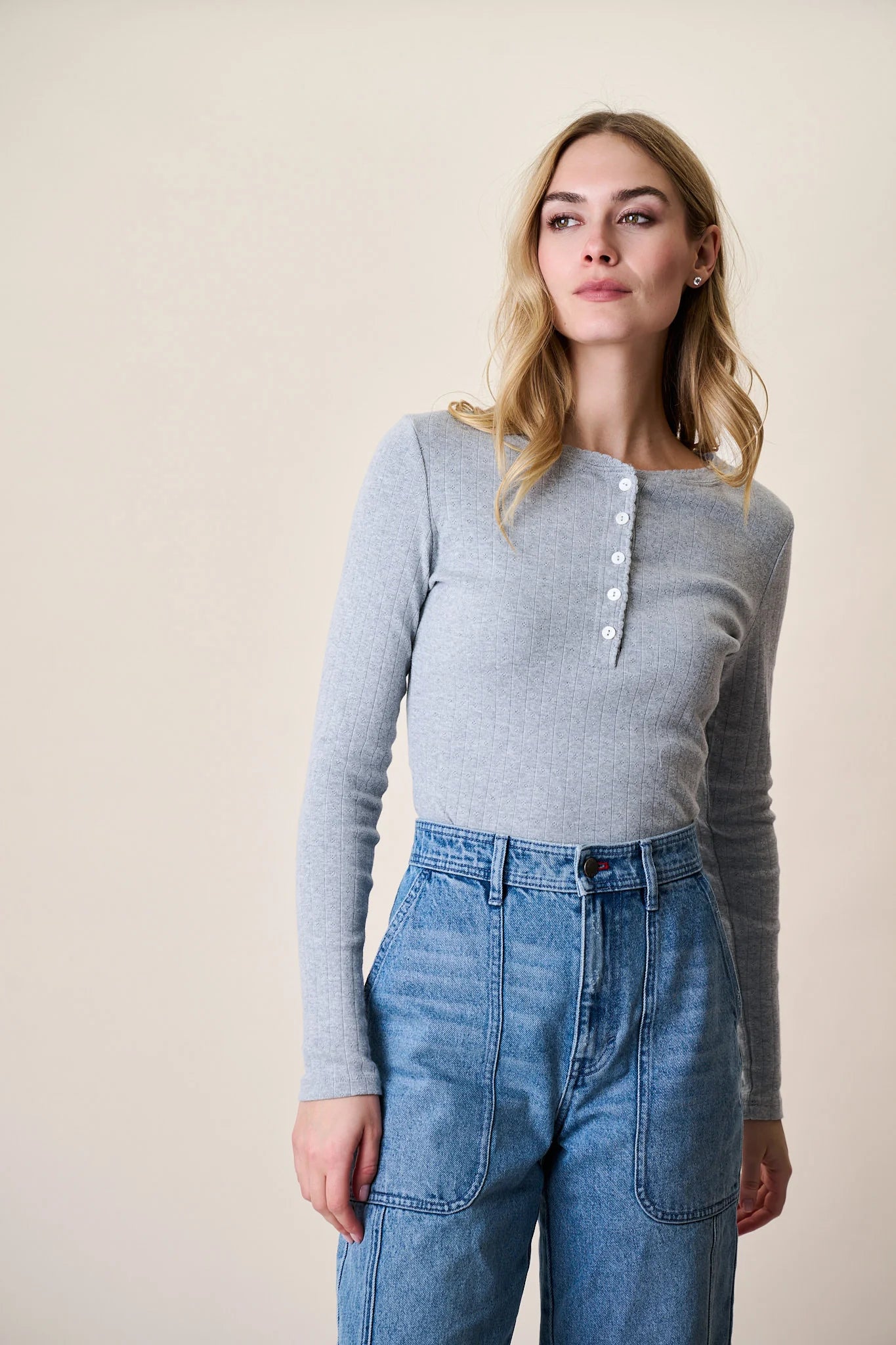 Pointelle Long Sleeve Henley, Grey