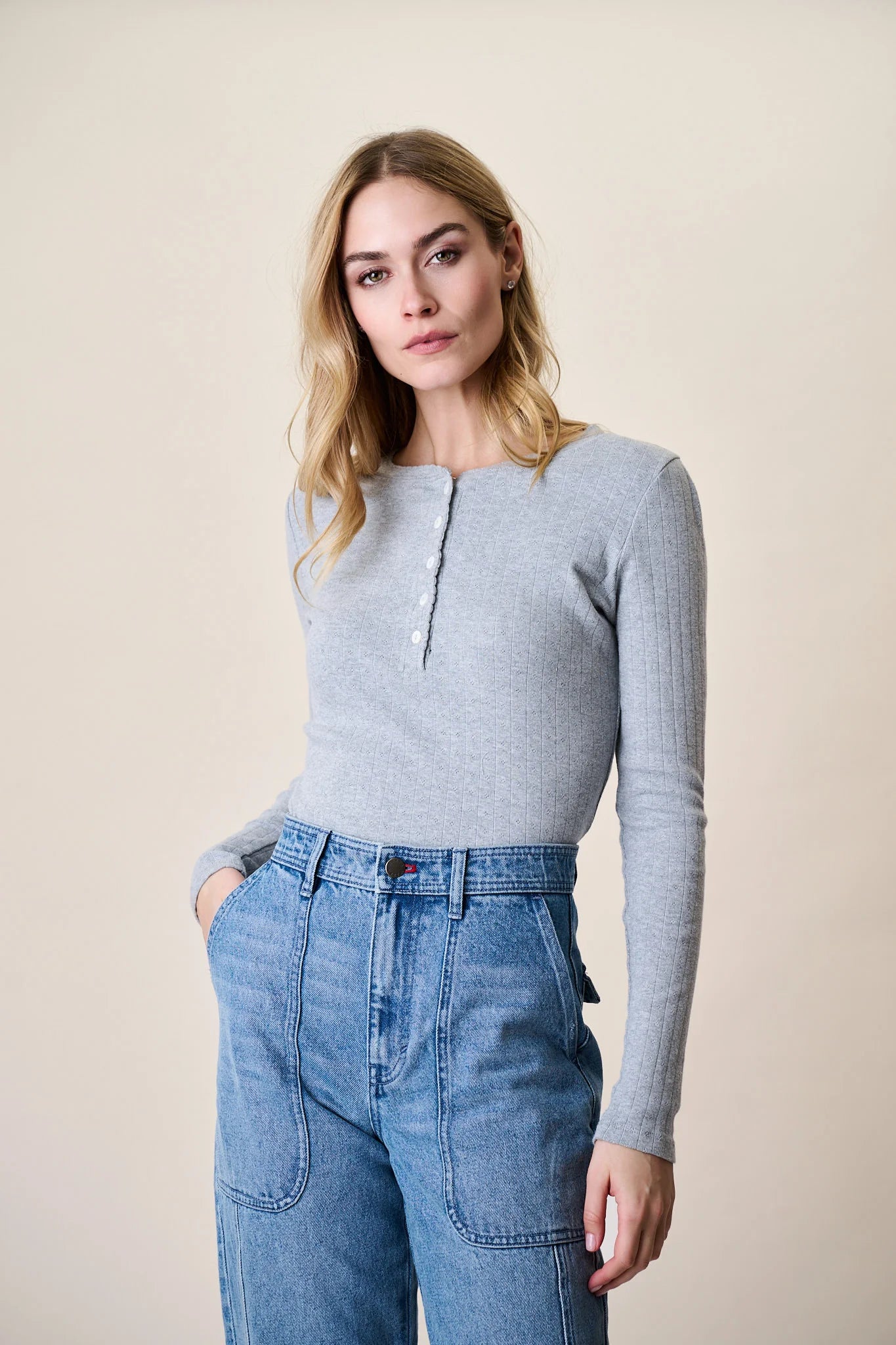Pointelle Long Sleeve Henley, Grey