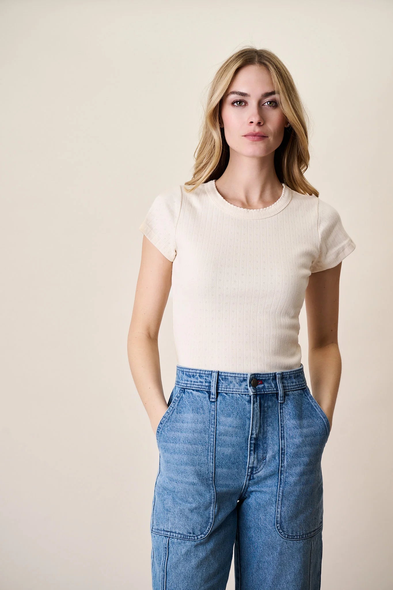 Pointelle Crewneck Tee, Ivory